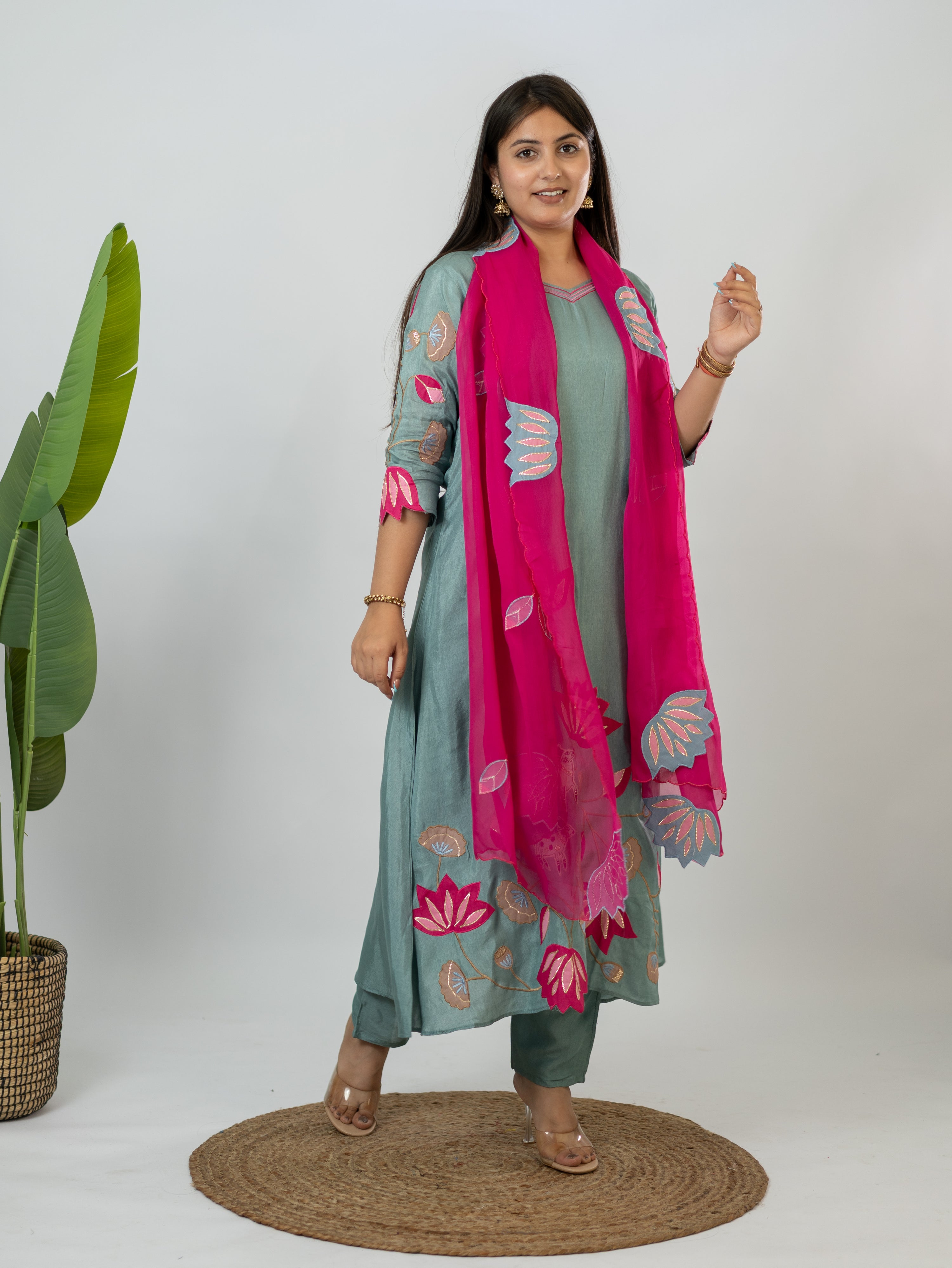 Kiara Grey Russian Silk A-line Applique Deatiled Dupatta Set