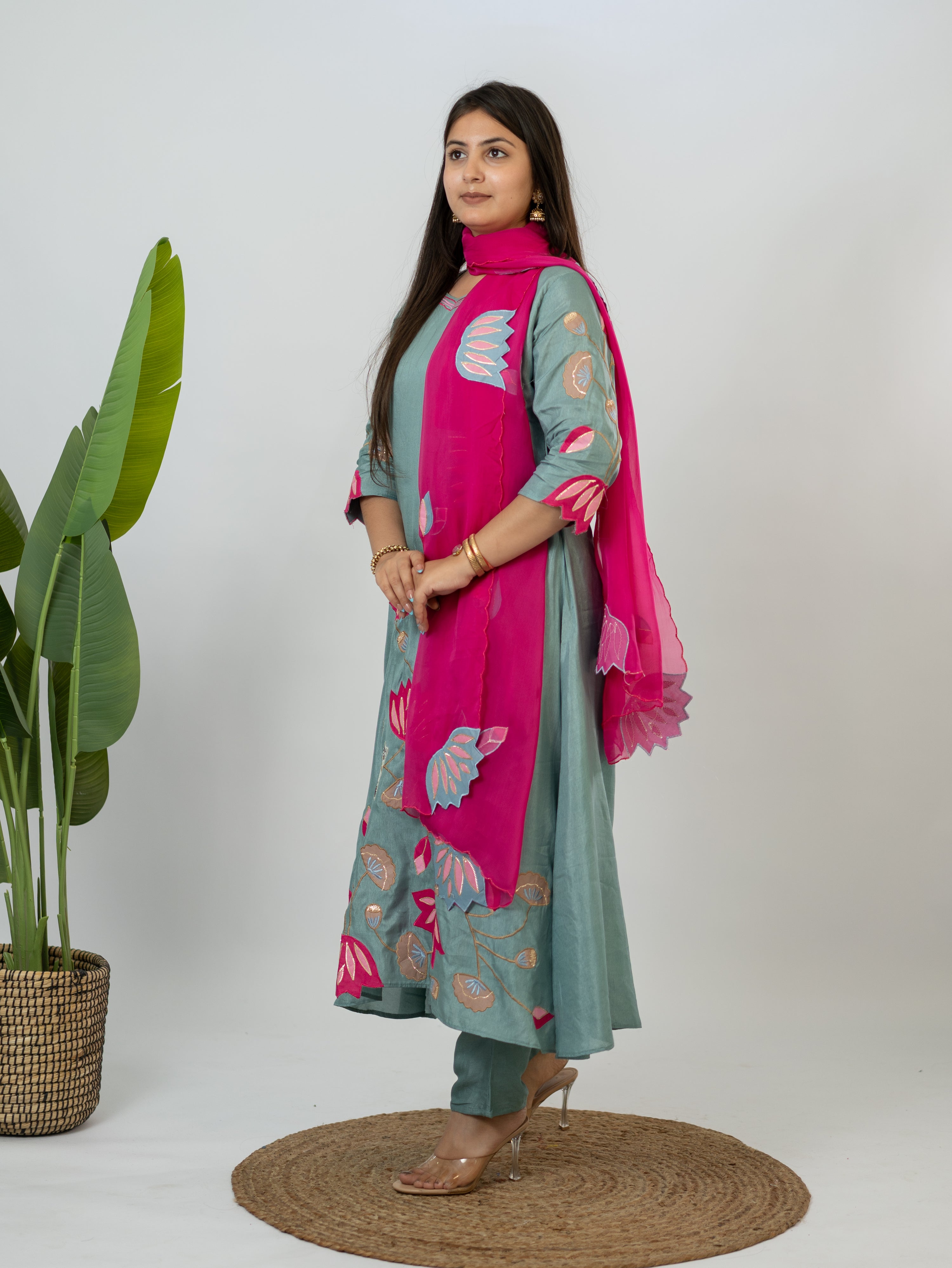 Kiara Grey Russian Silk A-line Applique Deatiled Dupatta Set