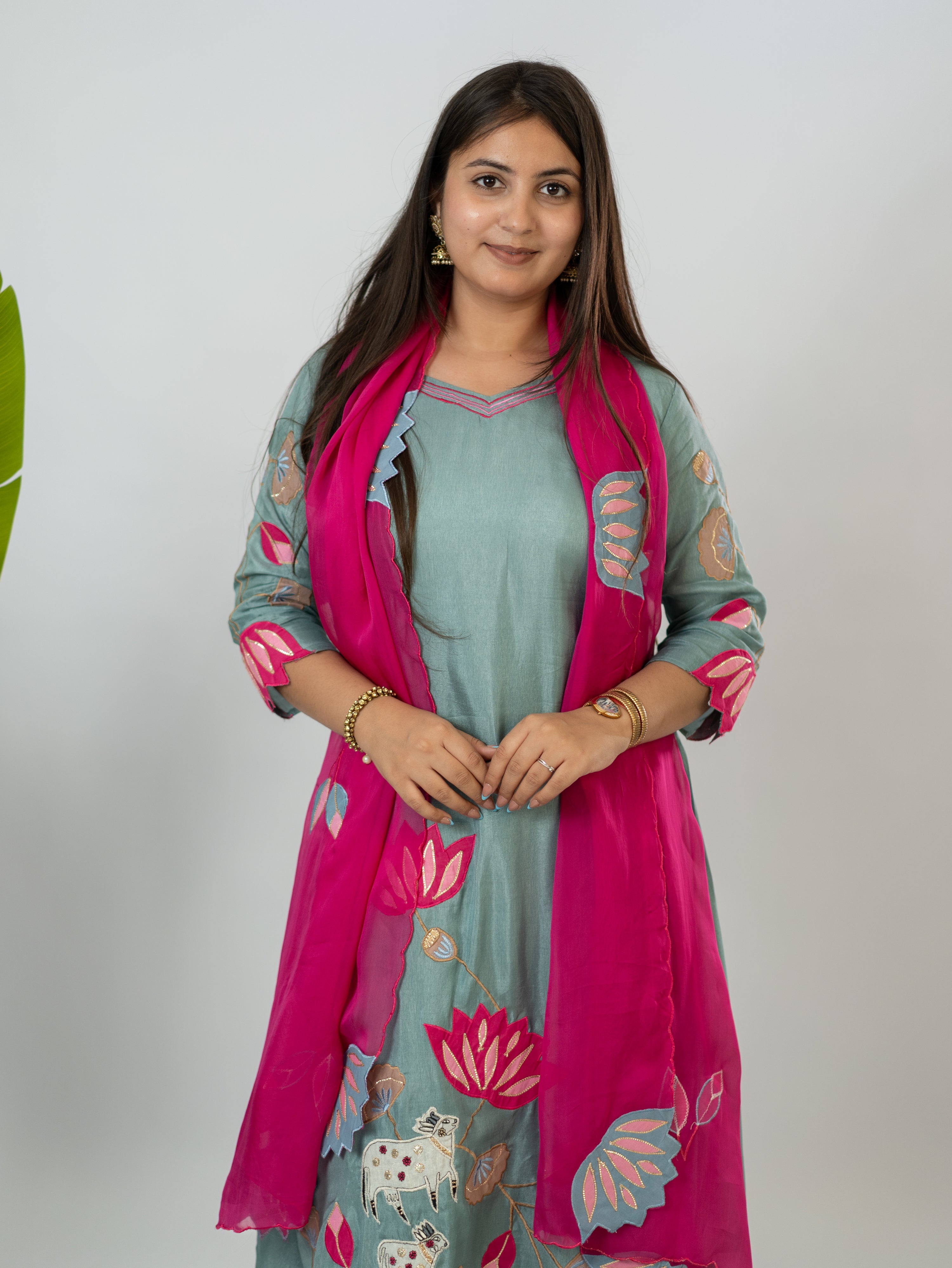 Kiara Grey Russian Silk A-line Applique Deatiled Dupatta Set