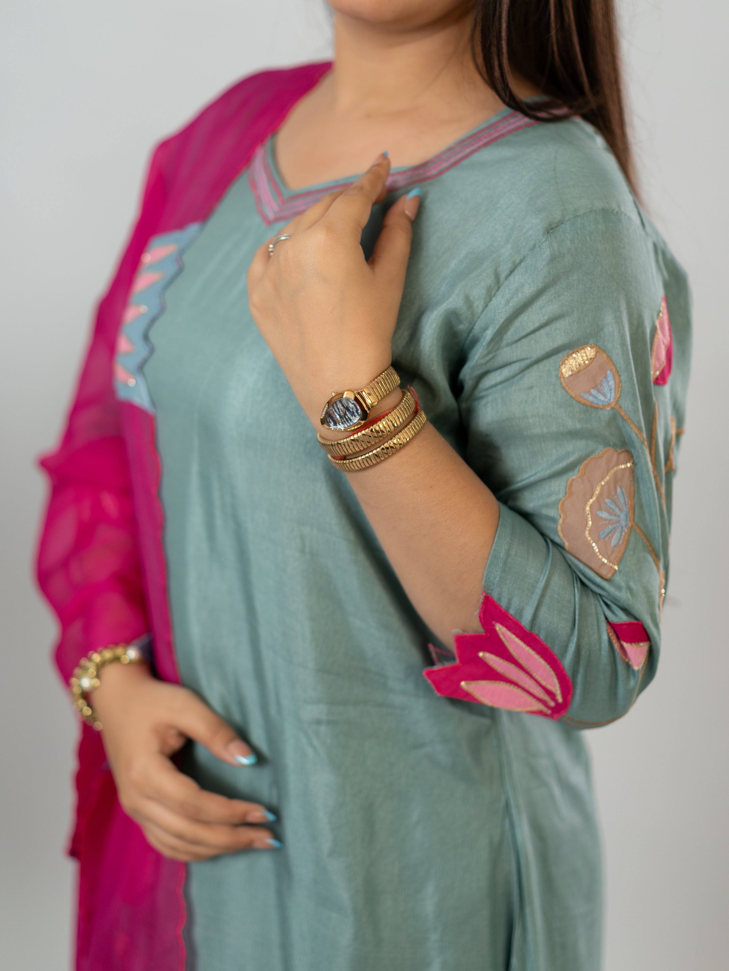 Kiara Grey Russian Silk A-line Applique Deatiled Dupatta Set