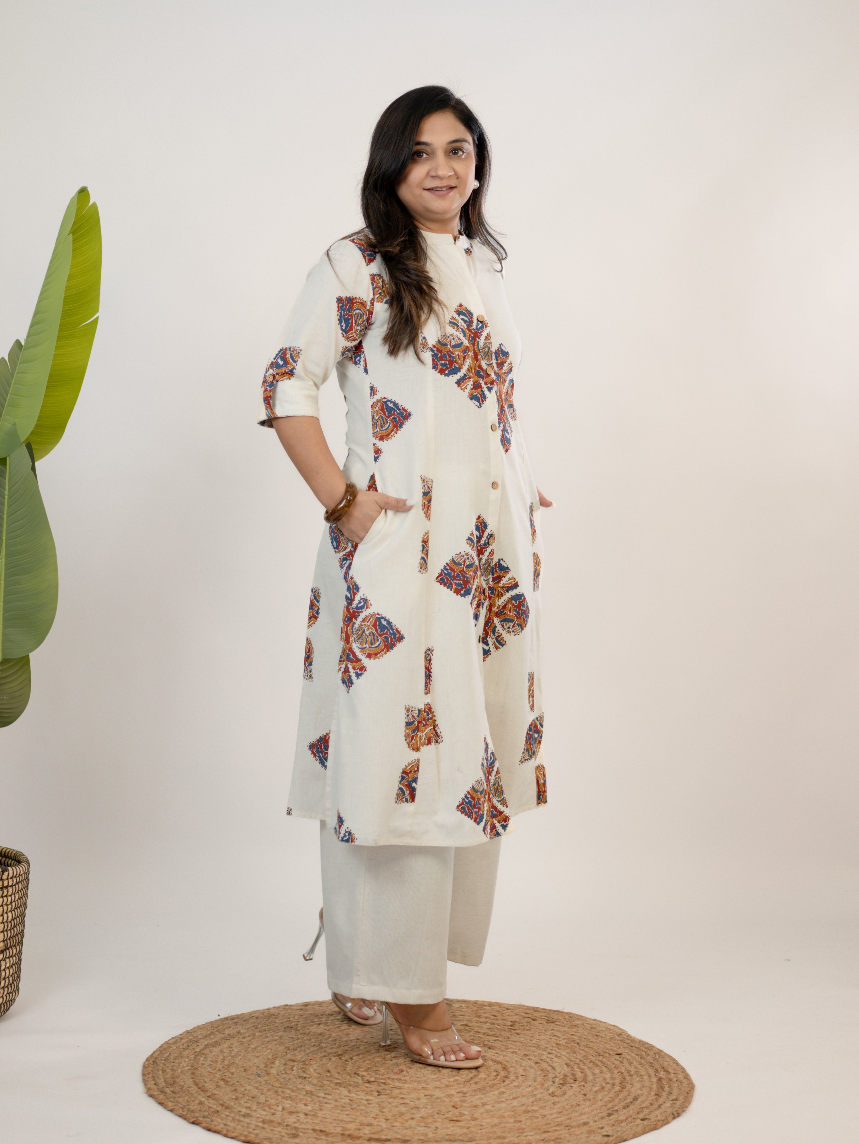 Eaira OffWhite-Red Cotton Ajrakh A-line Cotton Kurta Set