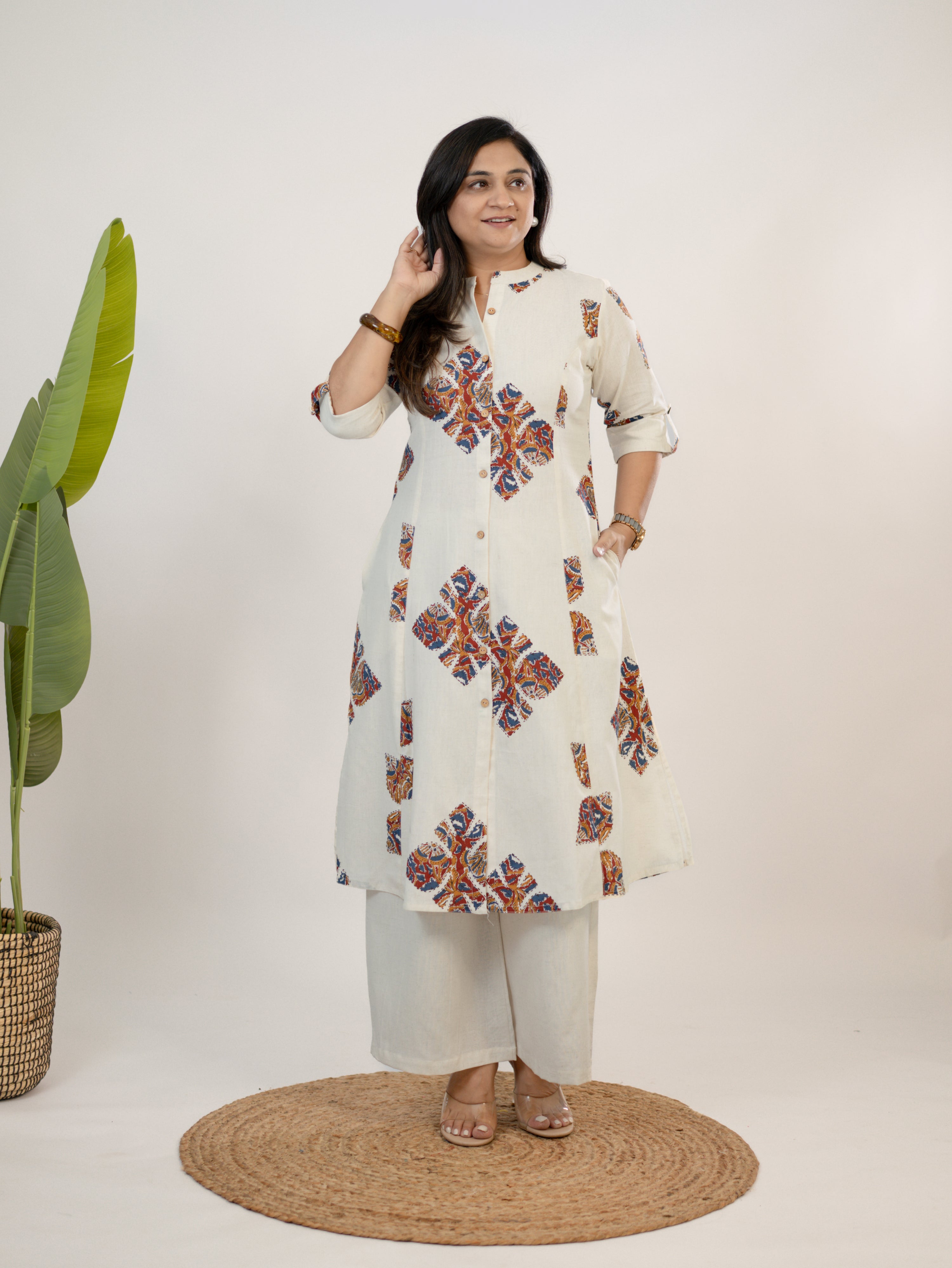 Eaira OffWhite-Red Cotton Ajrakh A-line Cotton Kurta Set
