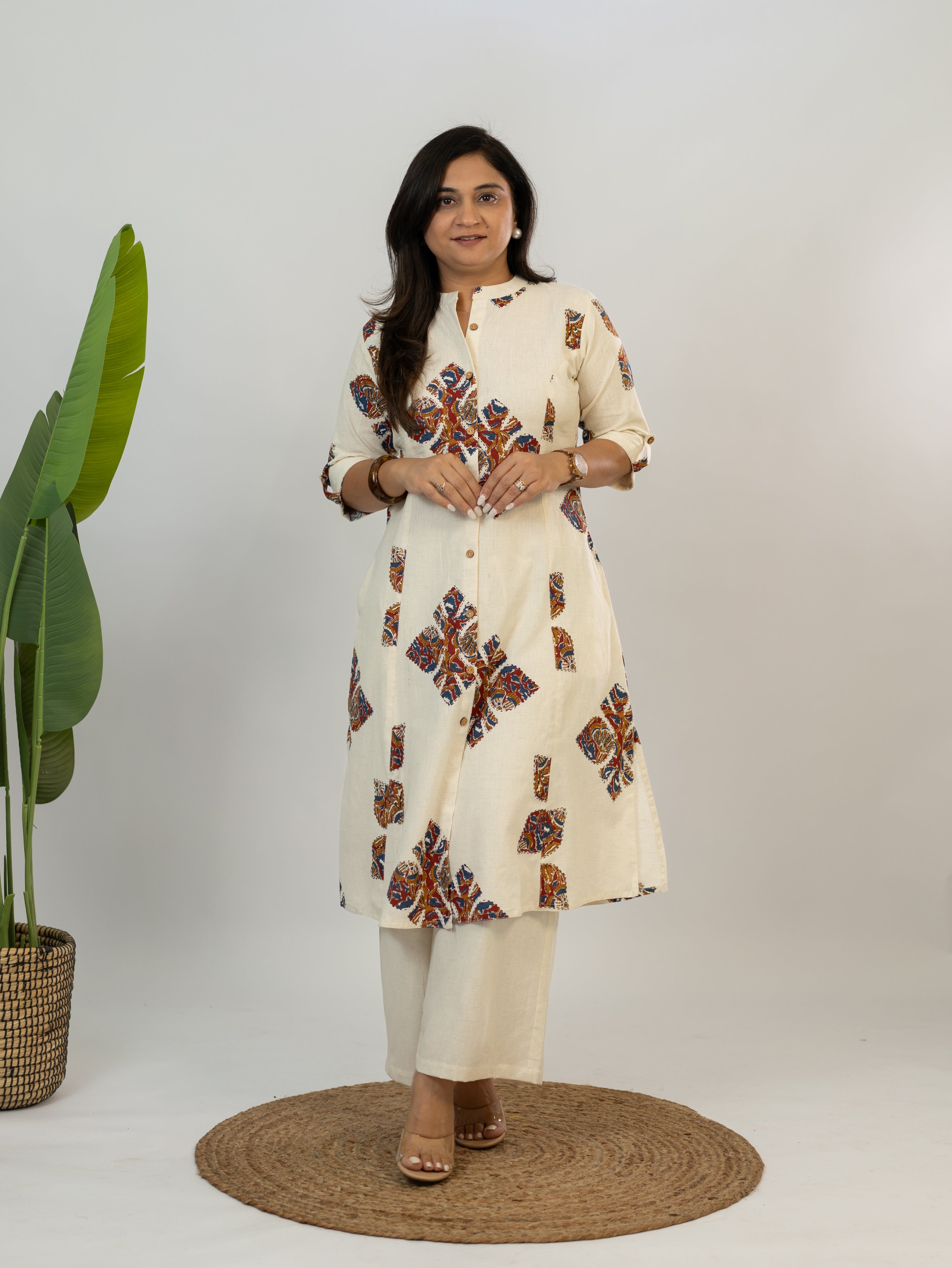 Eaira OffWhite Cotton Ajrakh A-line Cotton Kurta Set