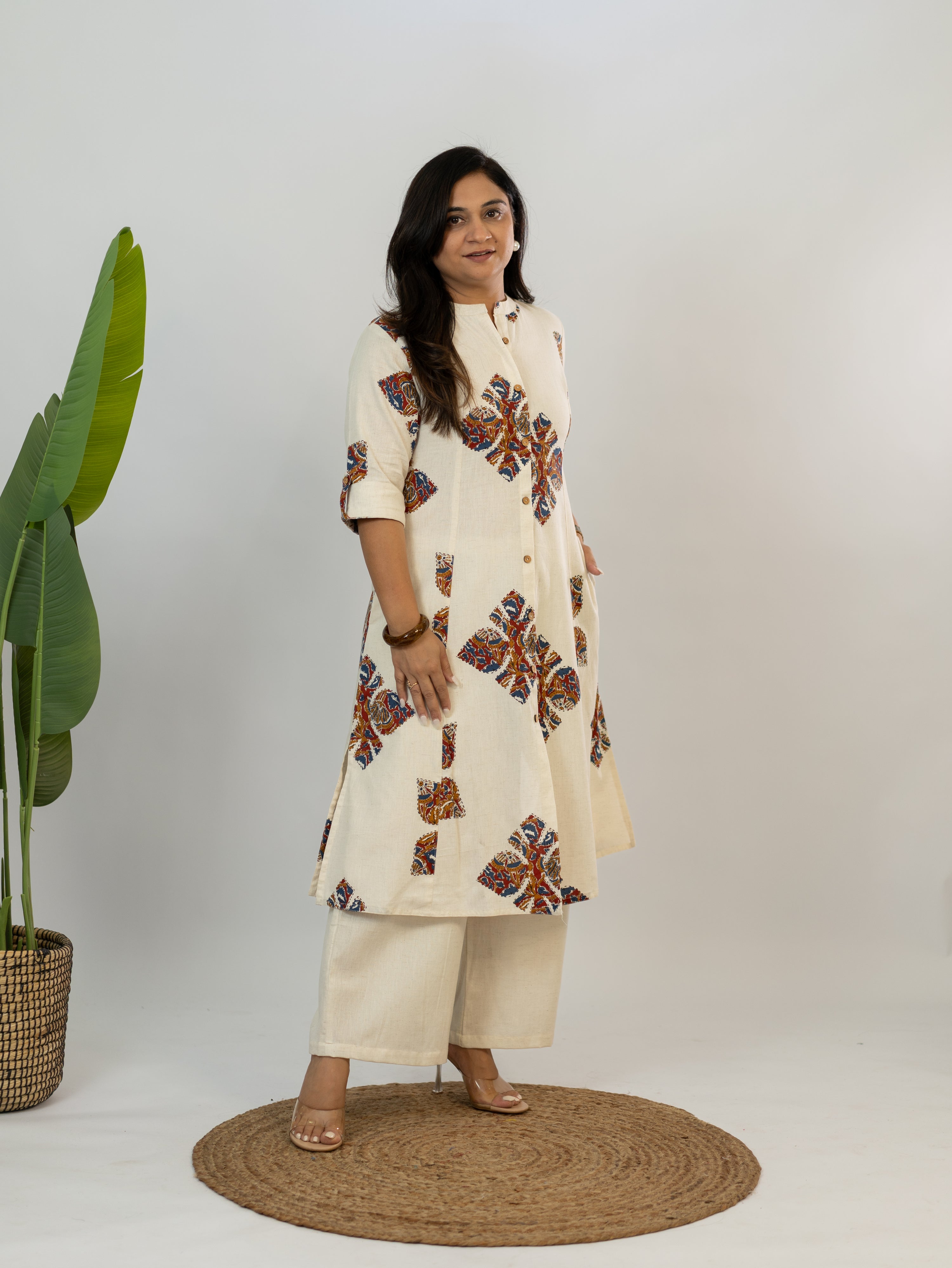 Eaira OffWhite Cotton Ajrakh A-line Cotton Kurta Set