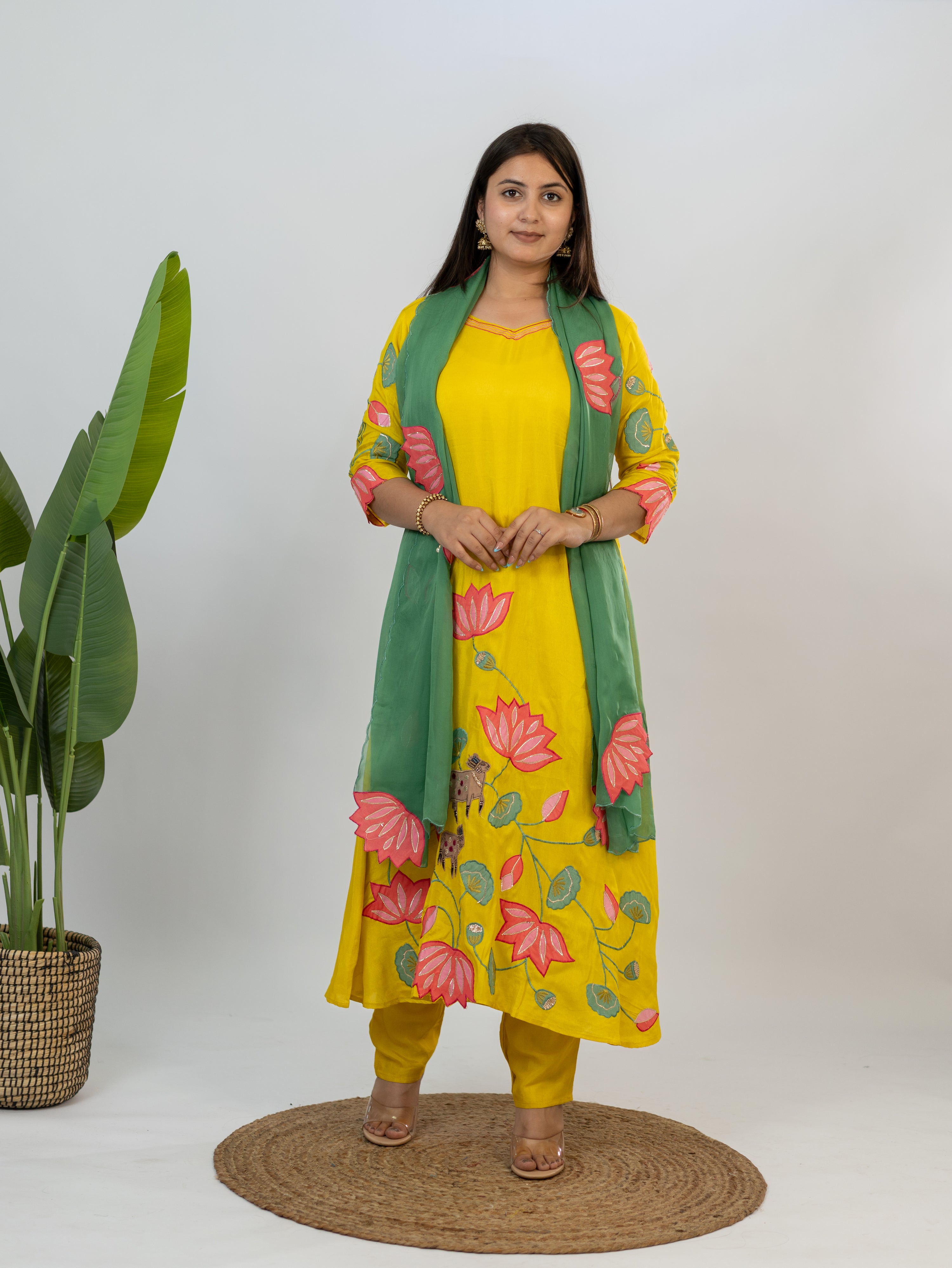 Kiara Yellow Russian Silk A-line Applique Deatiled Dupatta Set