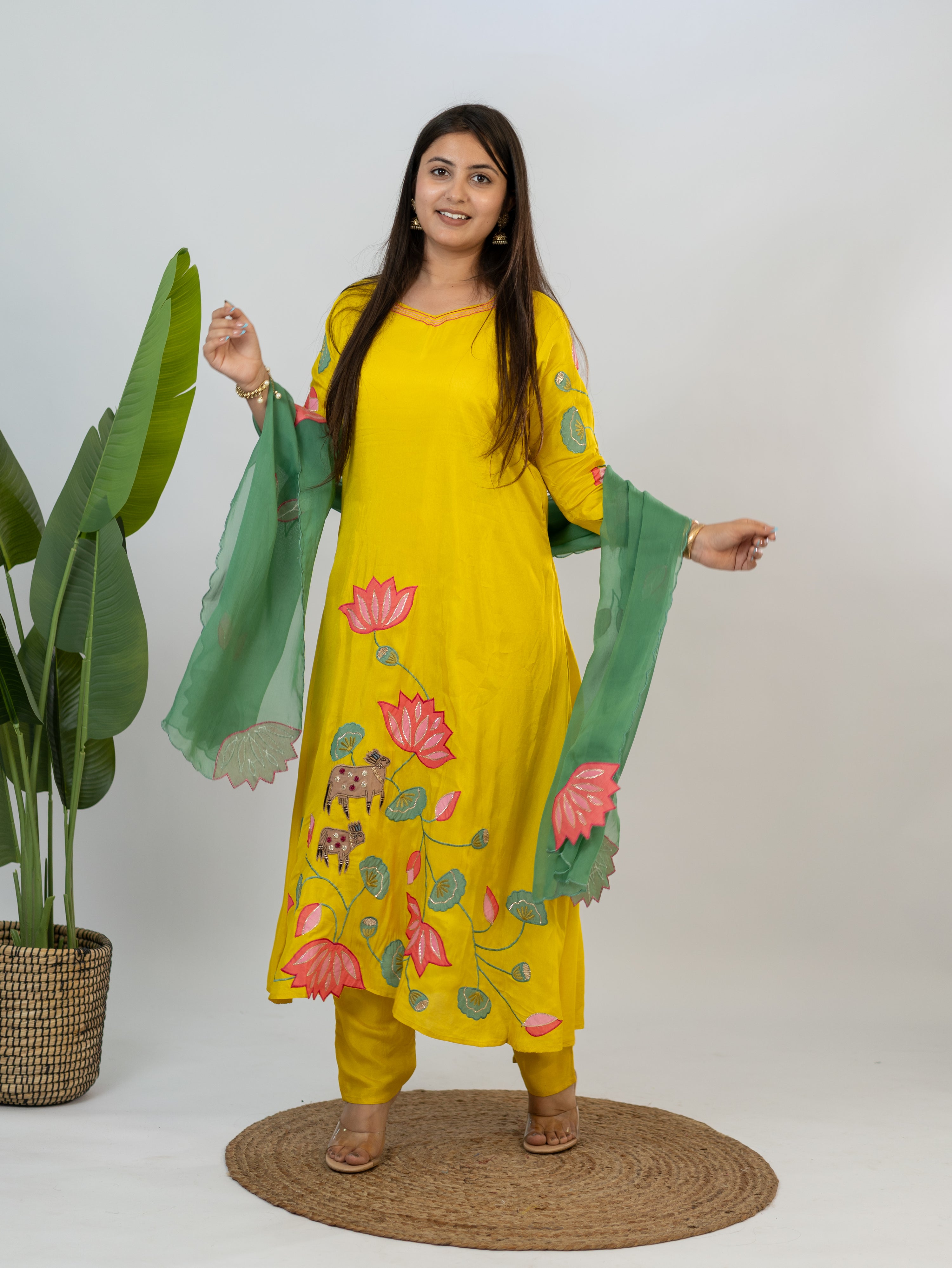 Kiara Yellow Russian Silk A-line Applique Deatiled Dupatta Set
