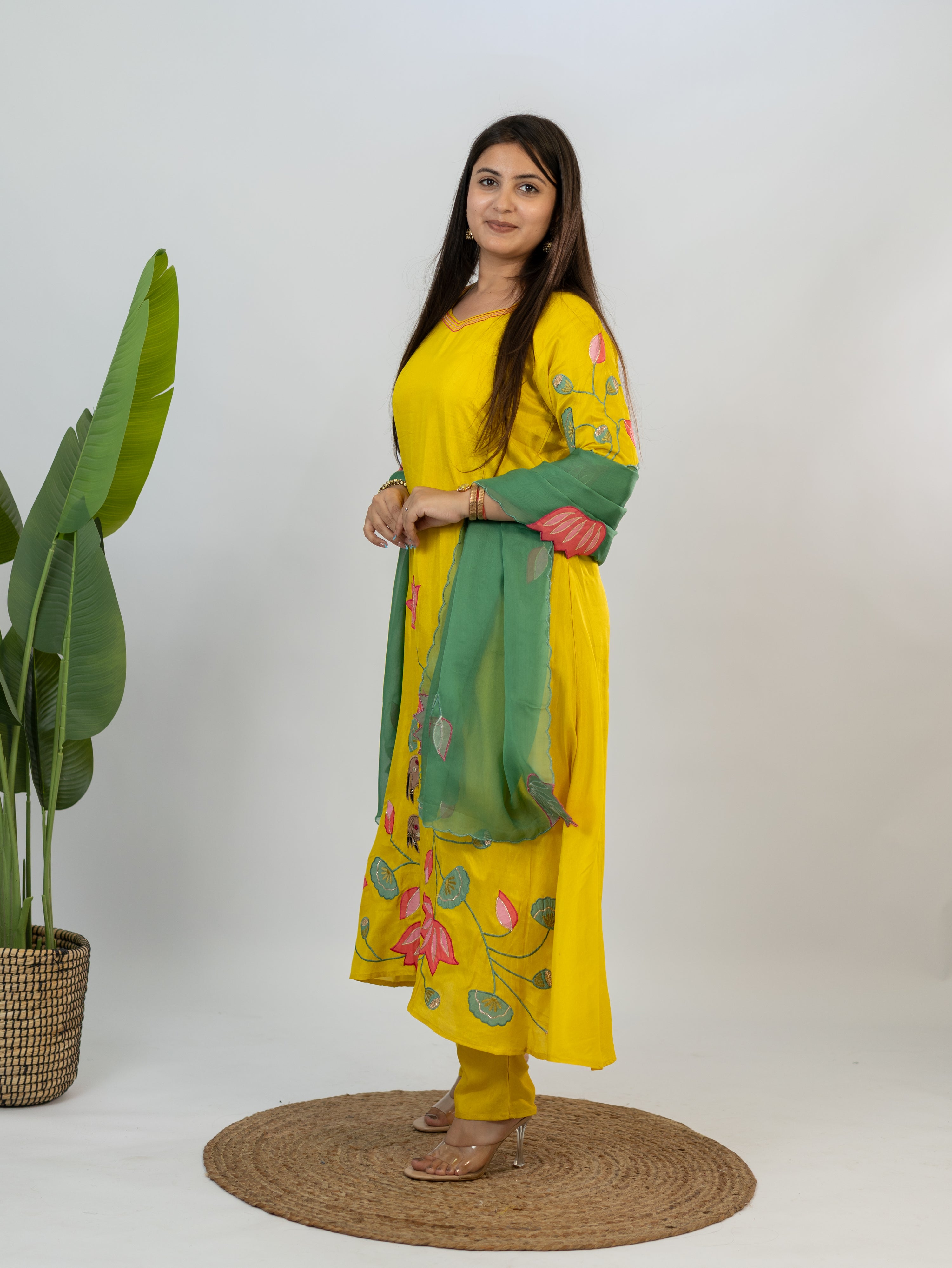 Kiara Yellow Russian Silk A-line Applique Deatiled Dupatta Set