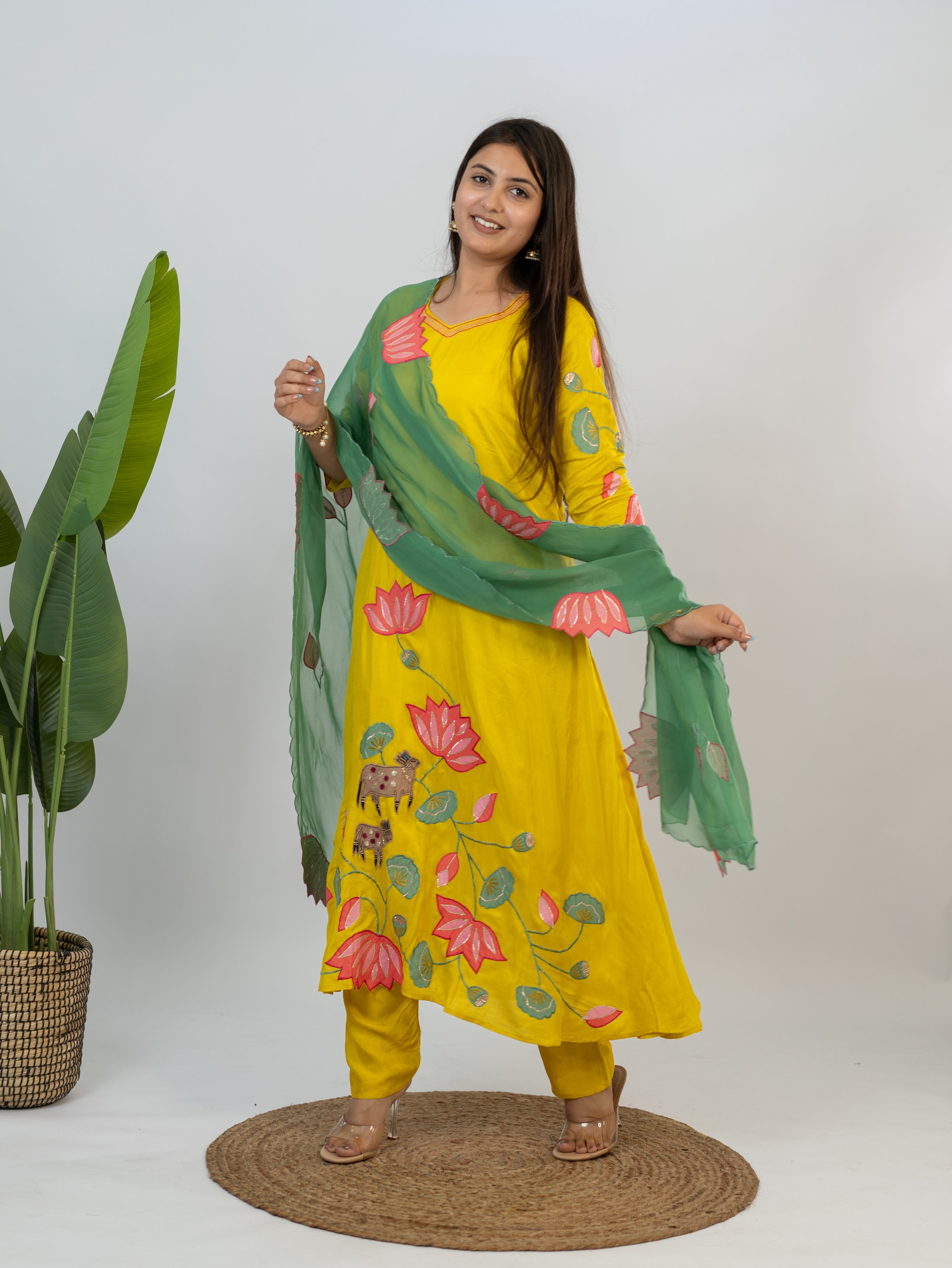 Kiara Yellow Russian Silk A-line Applique Deatiled Dupatta Set