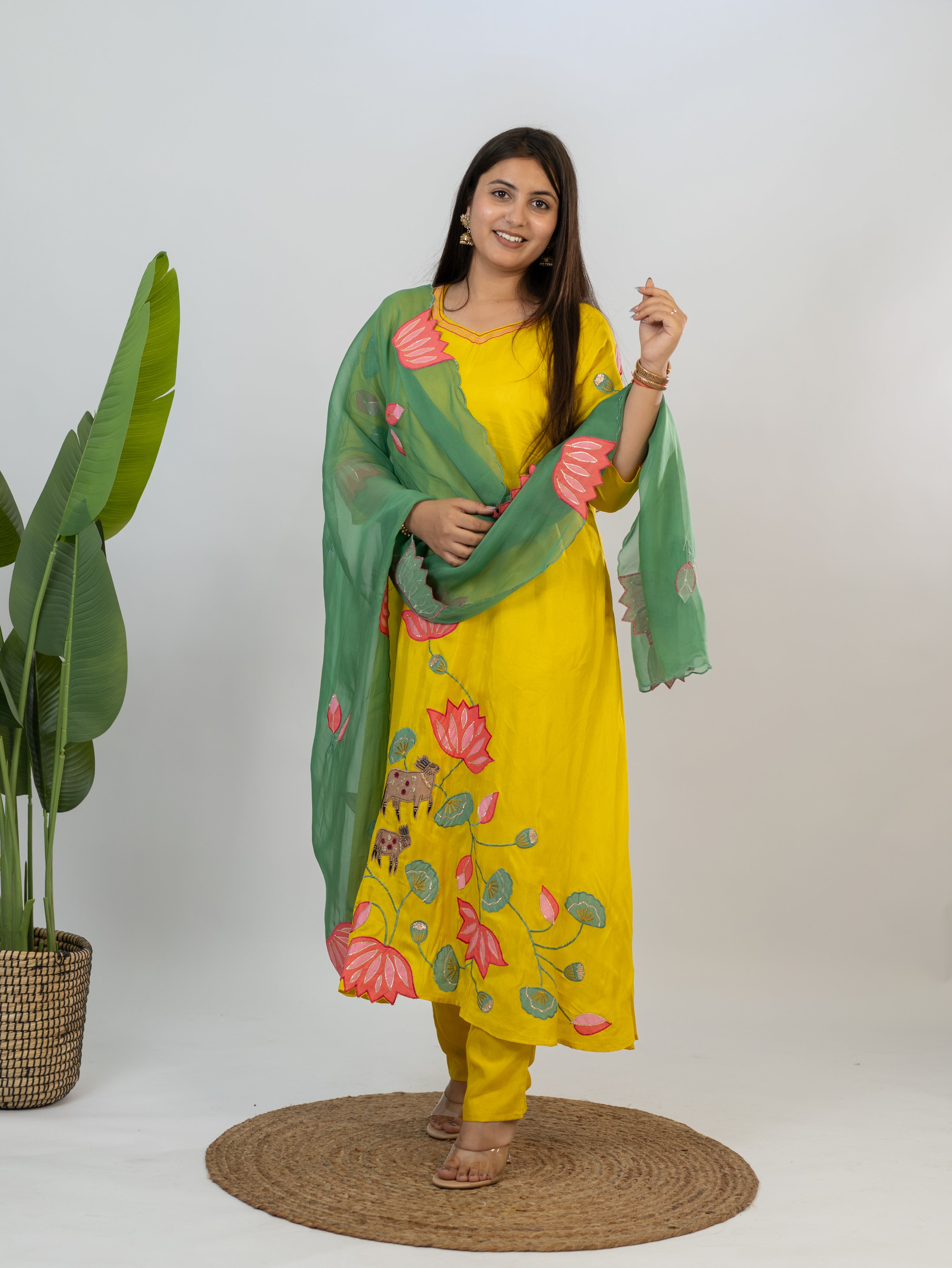 Kiara Yellow Russian Silk A-line Applique Deatiled Dupatta Set