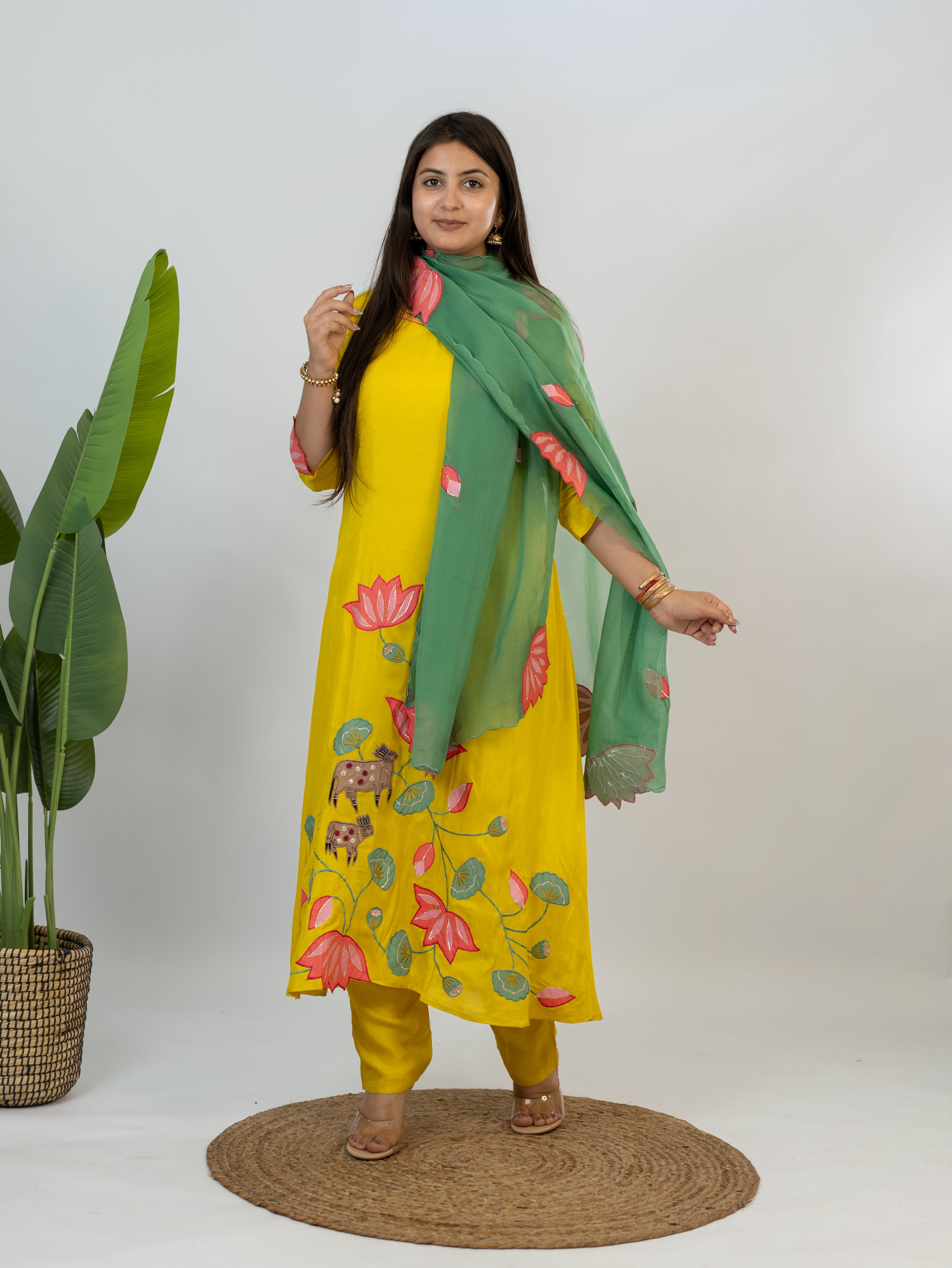Kiara Yellow Russian Silk A-line Applique Deatiled Dupatta Set