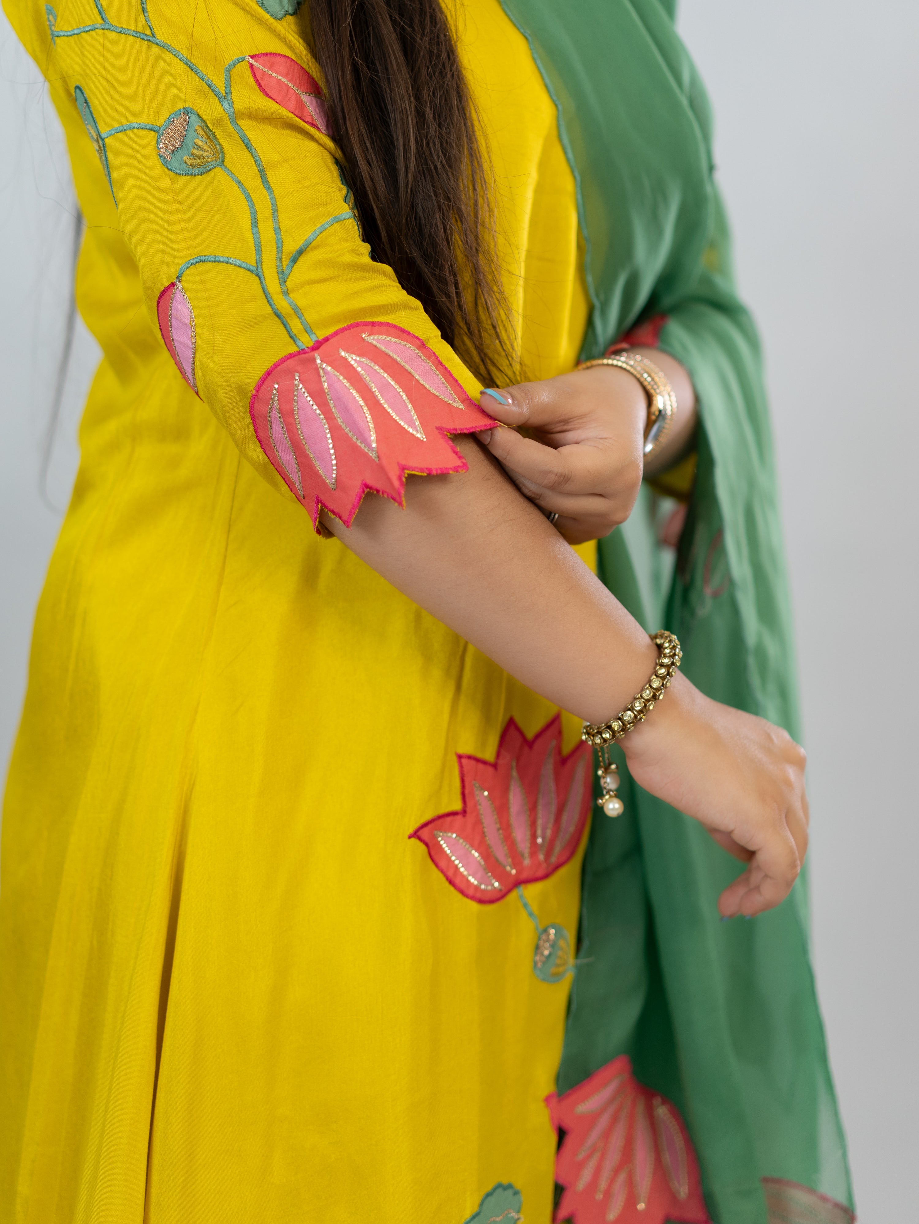 Kiara Yellow Russian Silk A-line Applique Deatiled Dupatta Set