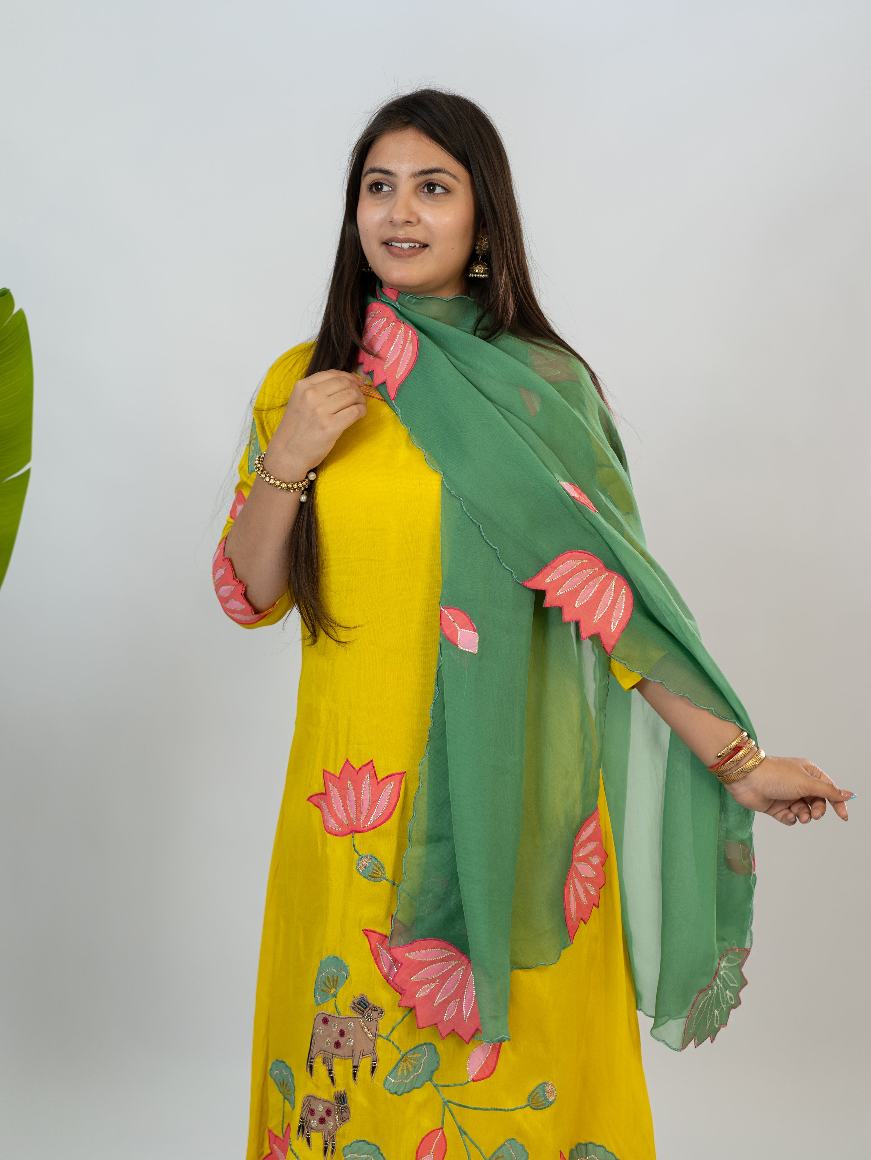 Kiara Yellow Russian Silk A-line Applique Deatiled Dupatta Set