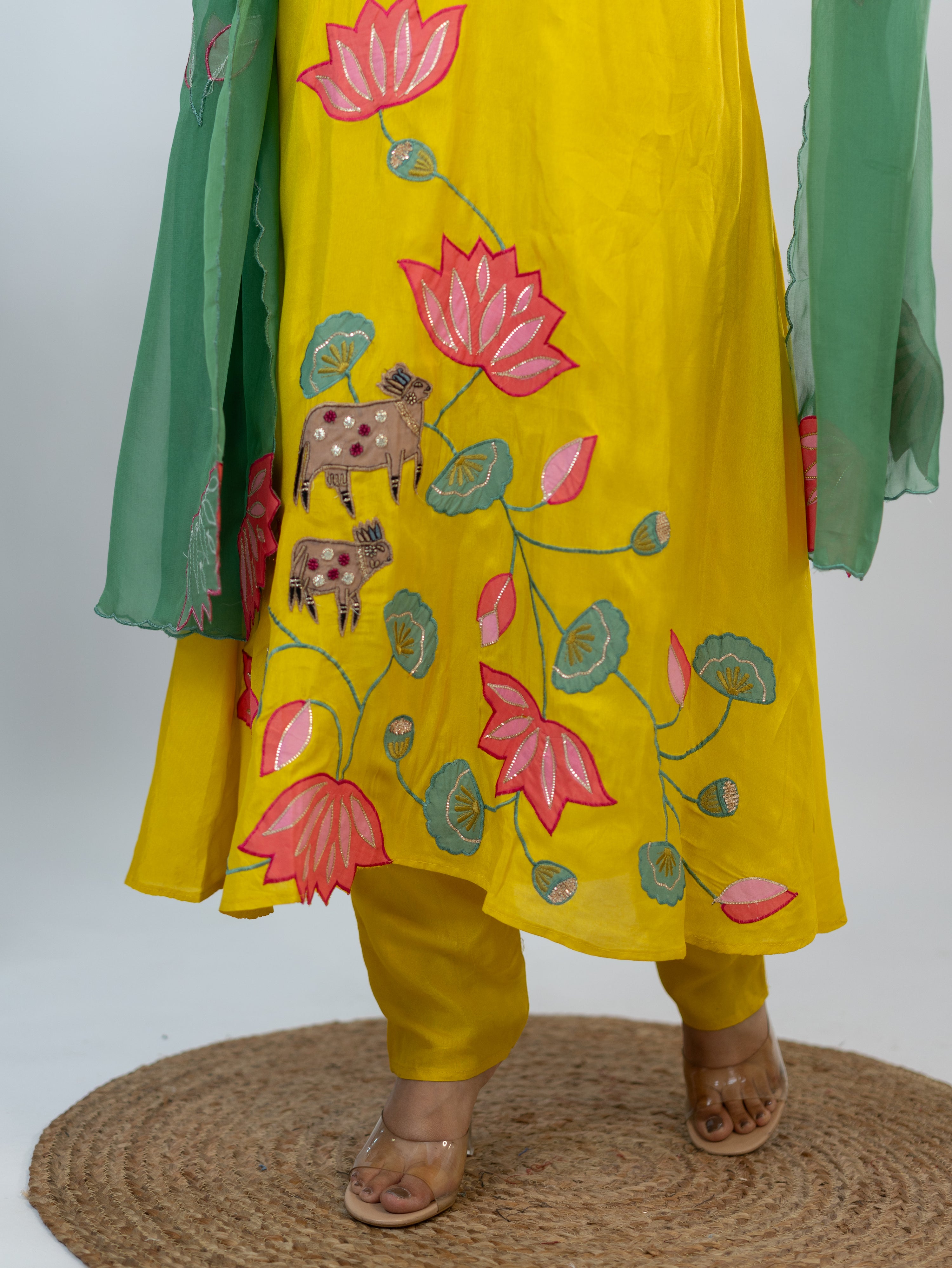Kiara Yellow Russian Silk A-line Applique Deatiled Dupatta Set