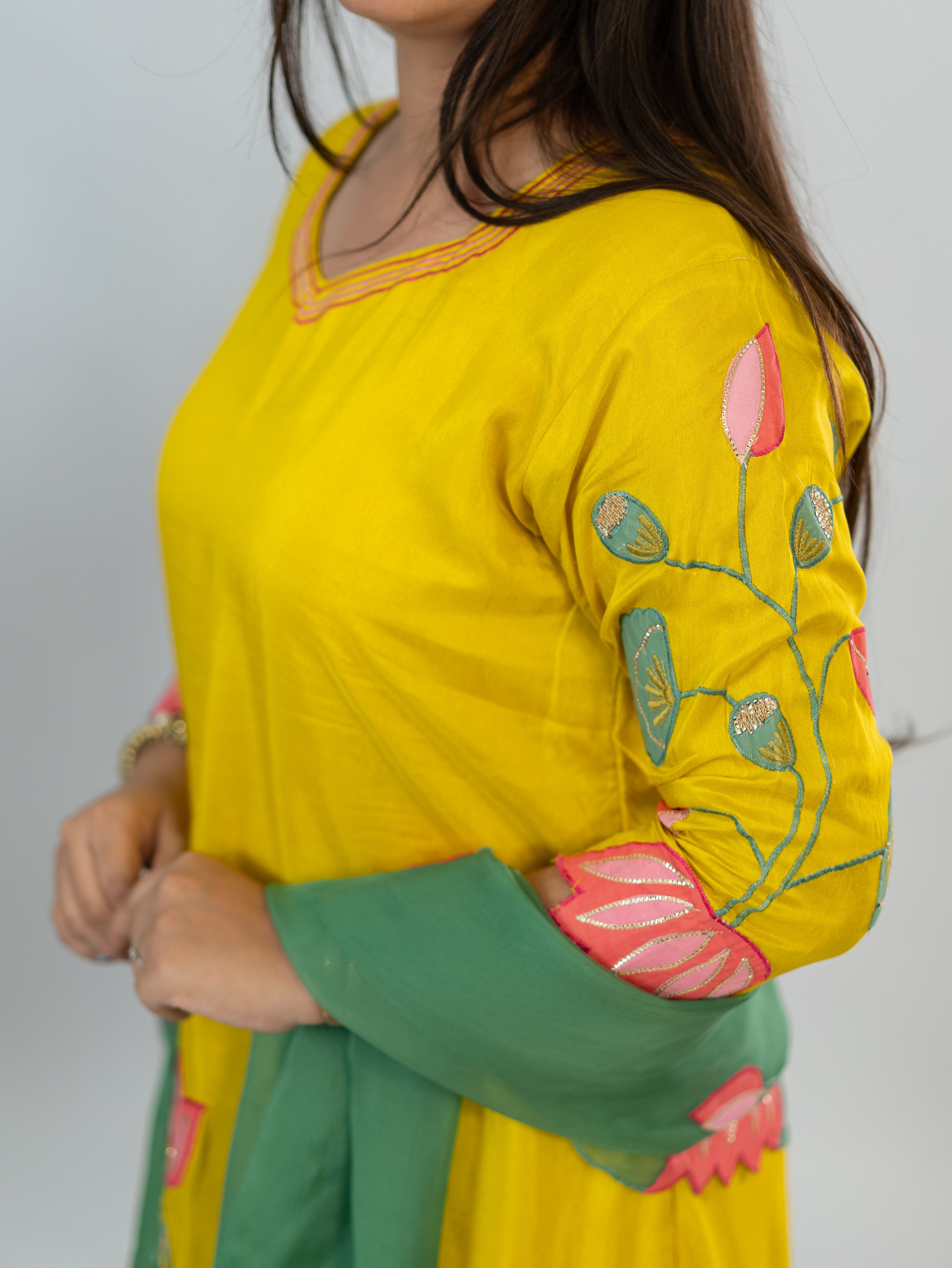 Kiara Yellow Russian Silk A-line Applique Deatiled Dupatta Set