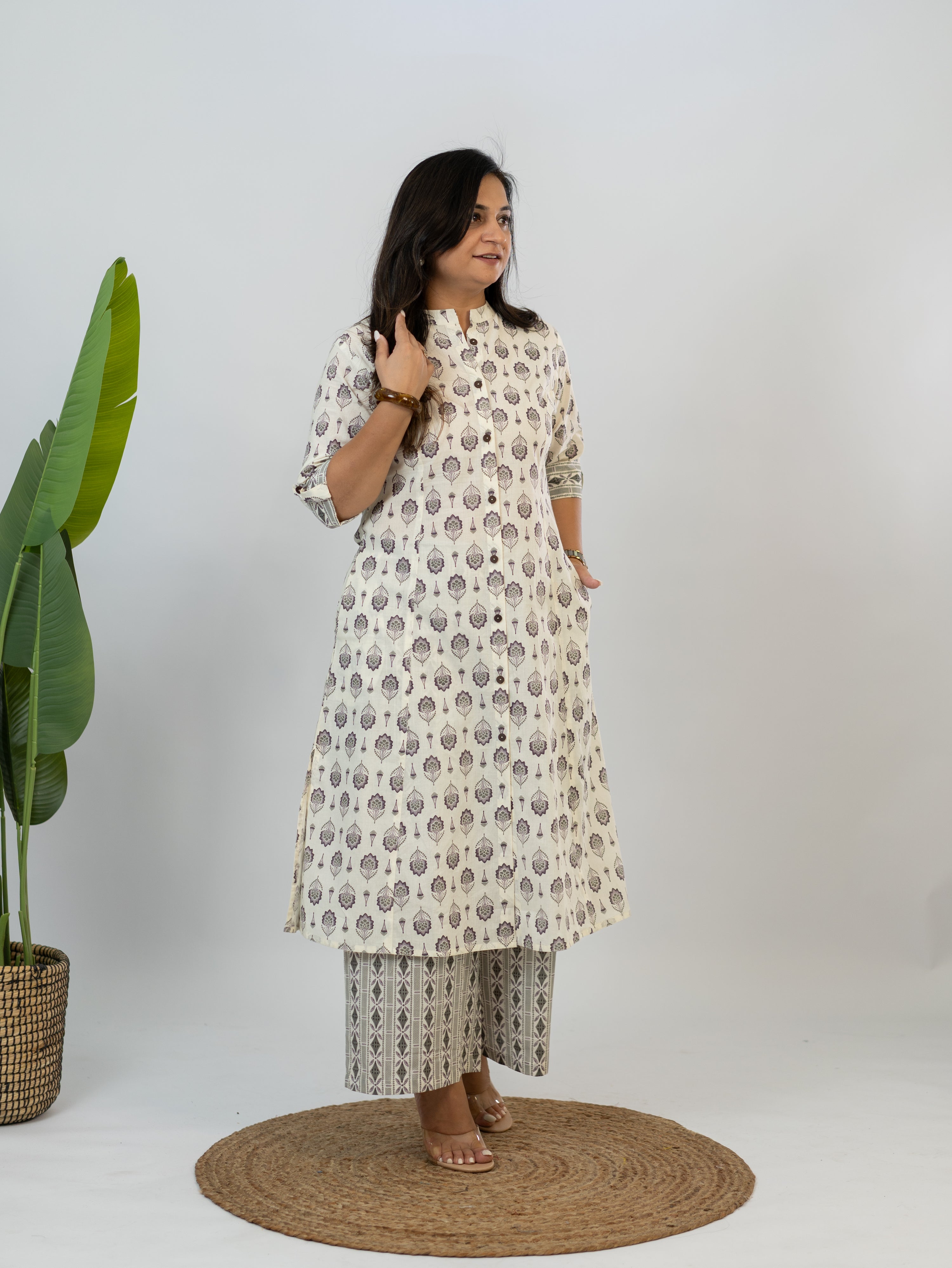 Mridula White Cotton Ajrakh A-line Cotton Kurta Set