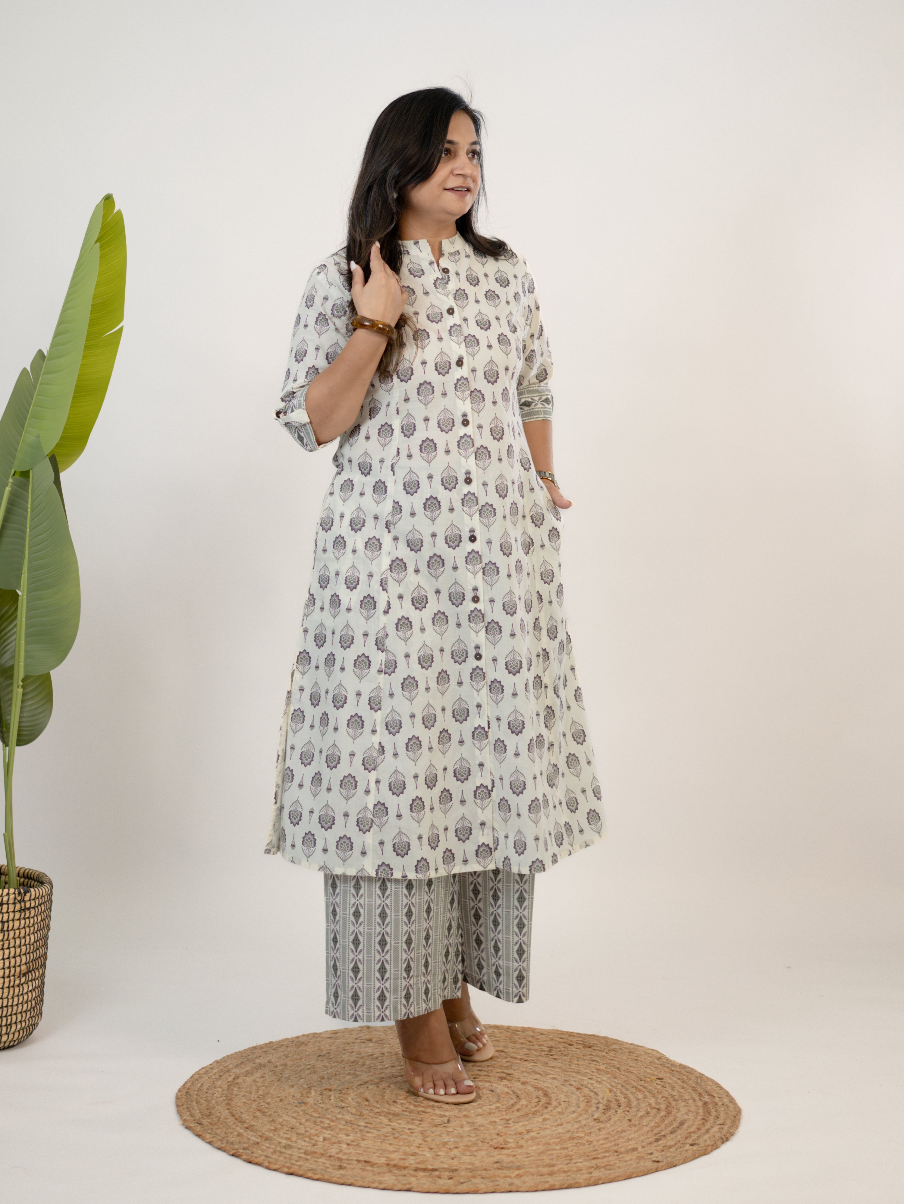 Mridula White Cotton Floral A-line Cotton Kurta Set