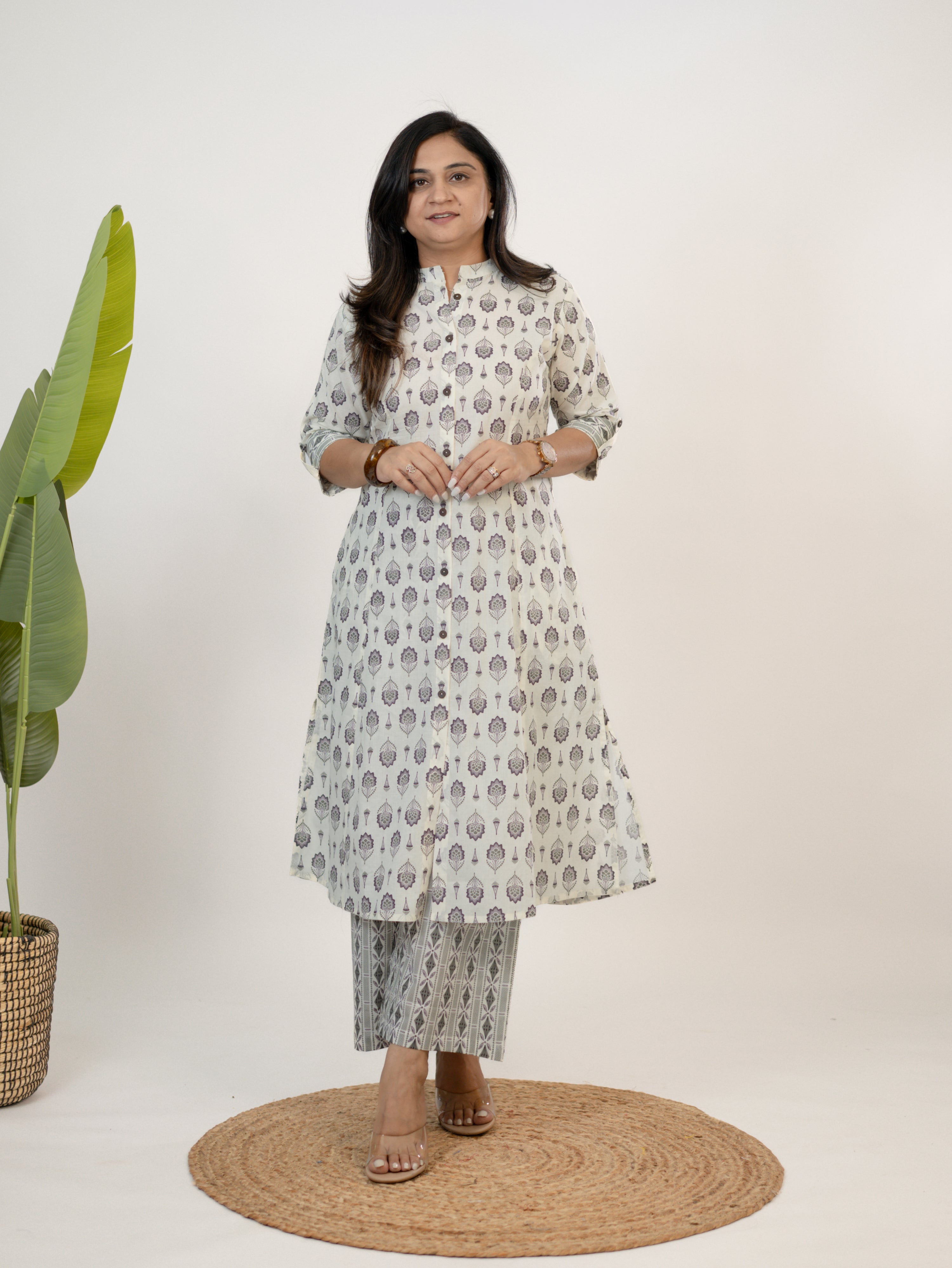 Mridula White Cotton Floral A-line Cotton Kurta Set