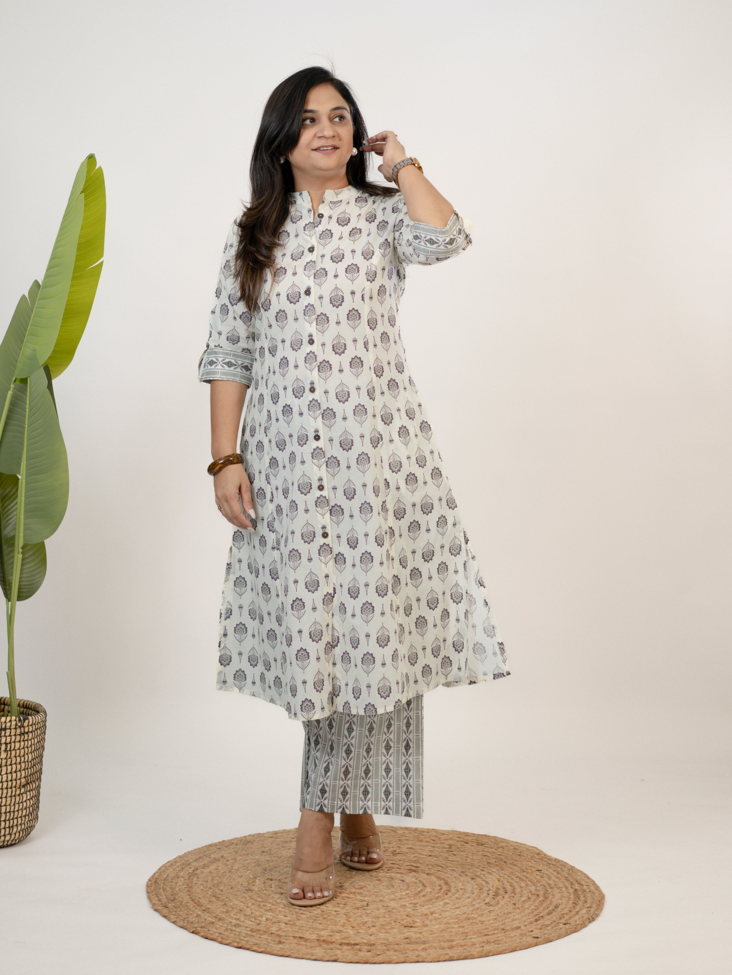 Mridula White Cotton Floral A-line Cotton Kurta Set