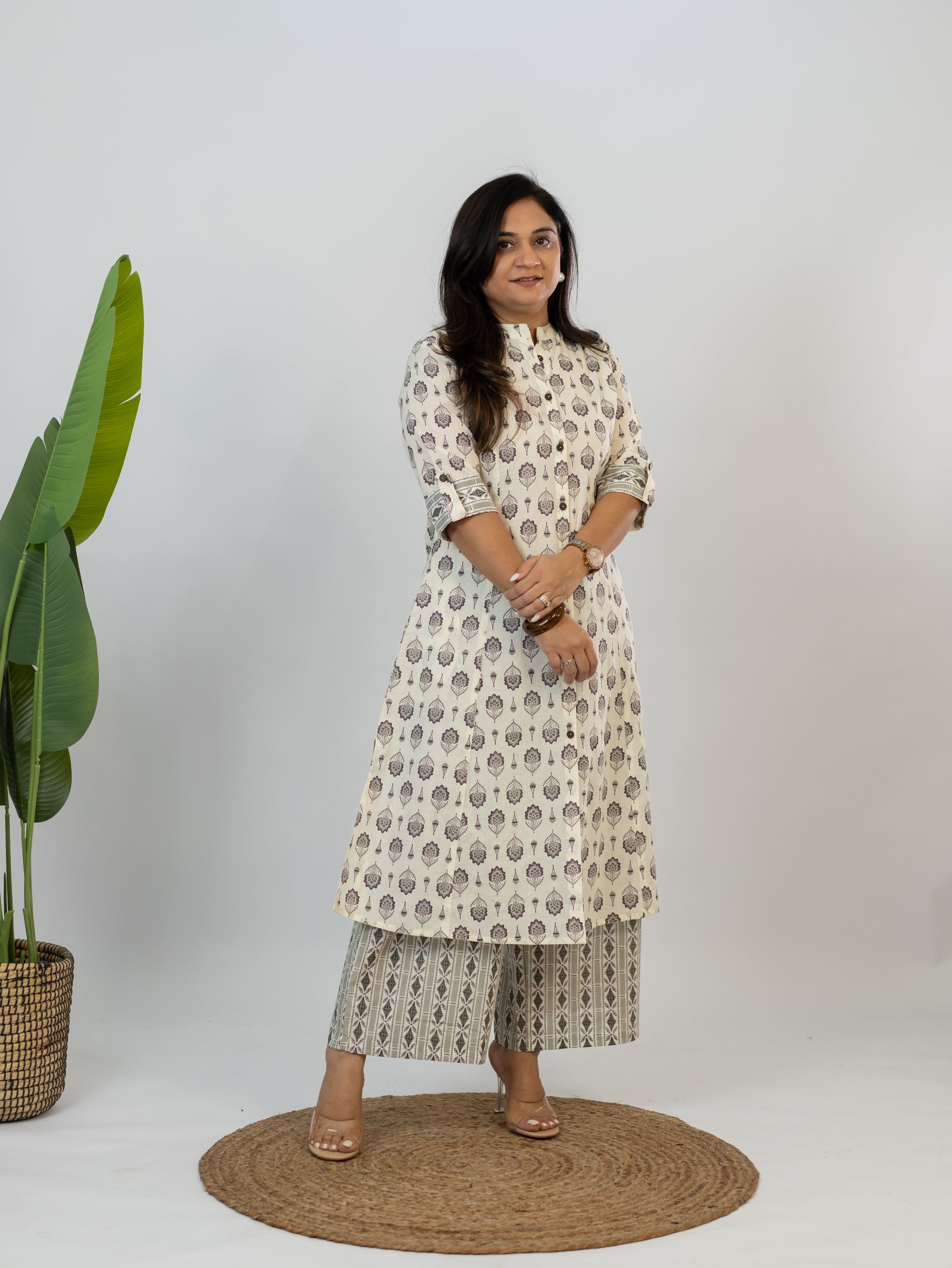Mridula White Cotton Ajrakh A-line Cotton Kurta Set
