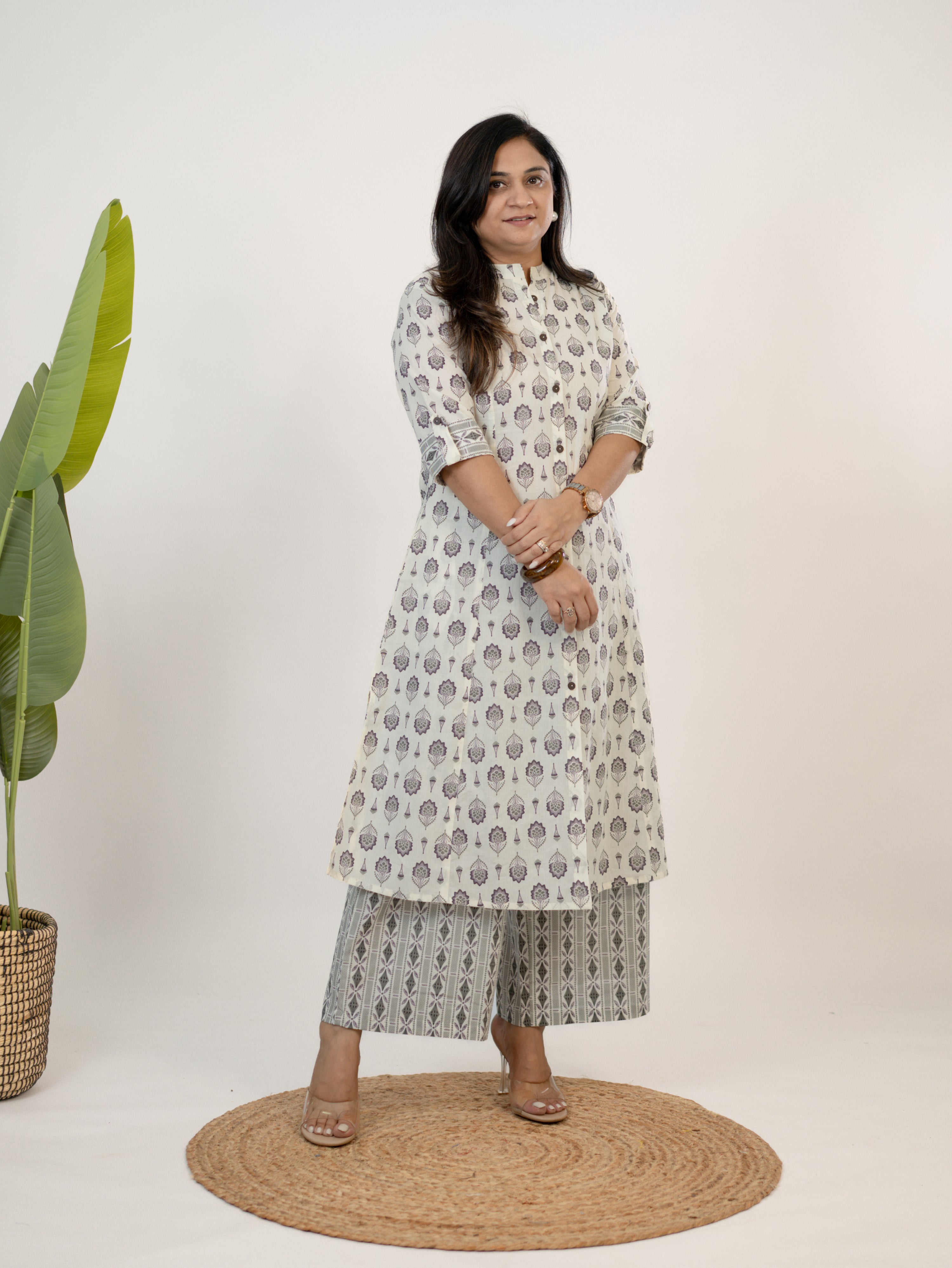 Mridula White Cotton Floral A-line Cotton Kurta Set
