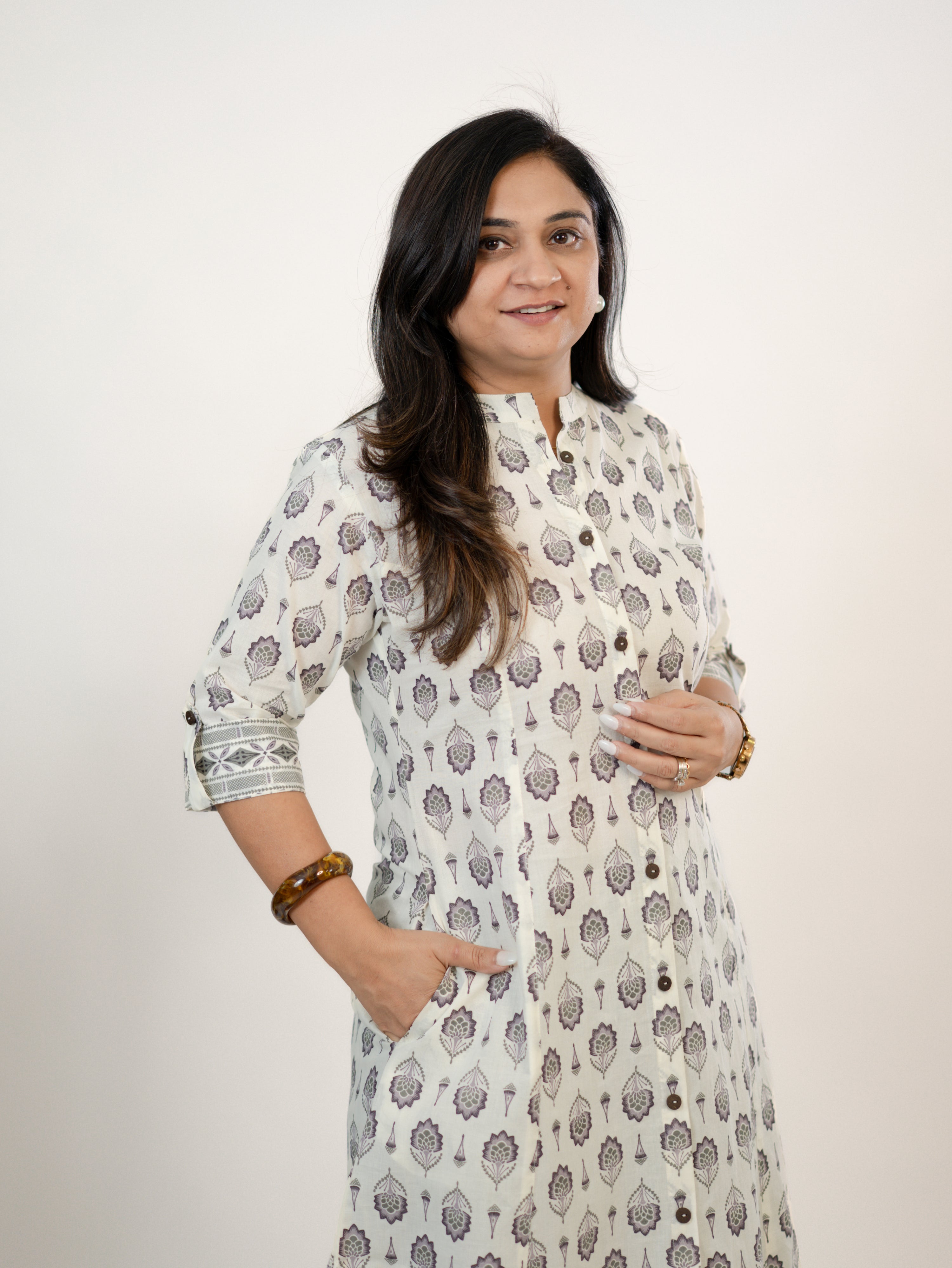 Mridula White Cotton Floral A-line Cotton Kurta Set