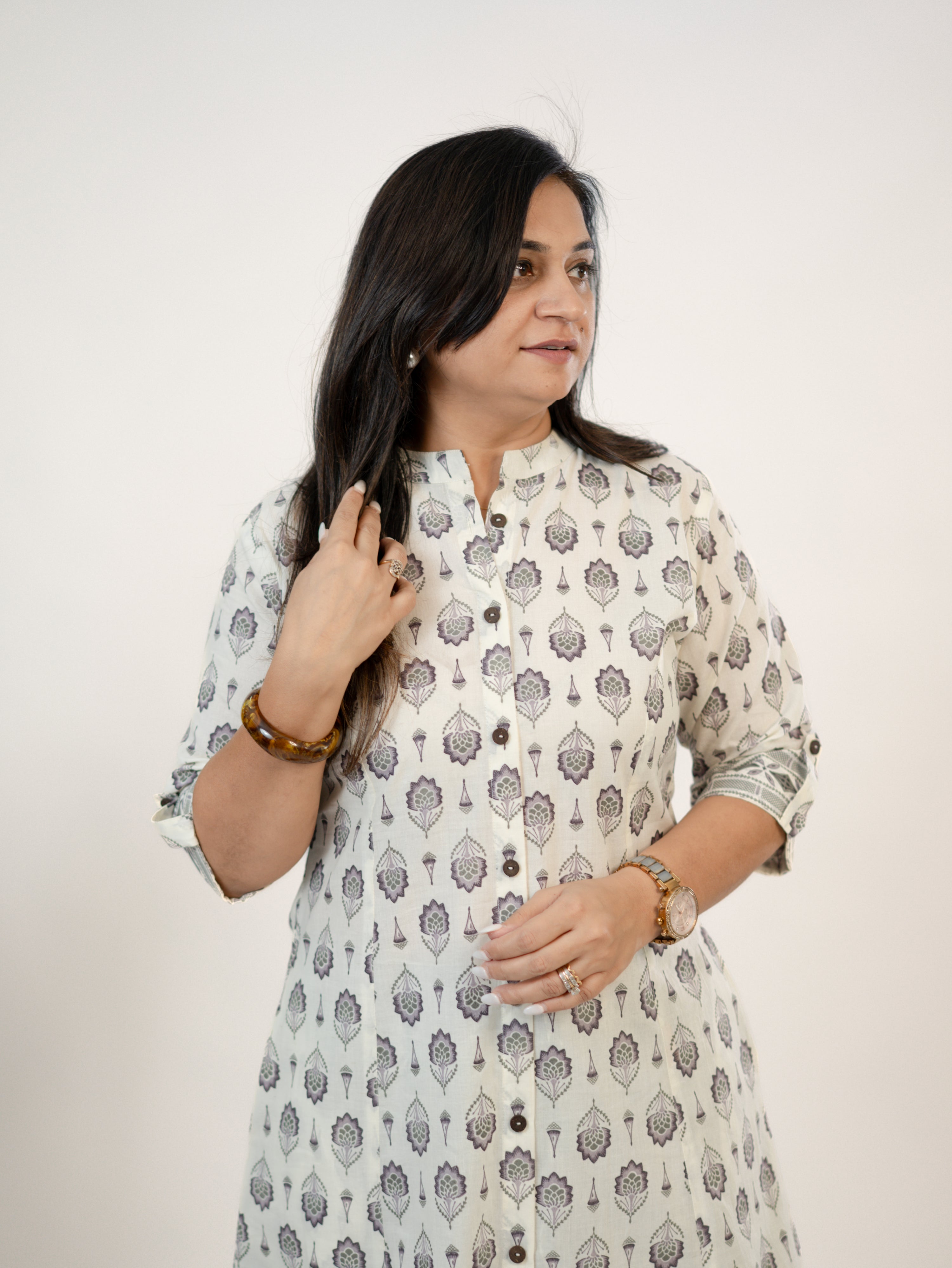 Mridula White Cotton Floral A-line Cotton Kurta Set