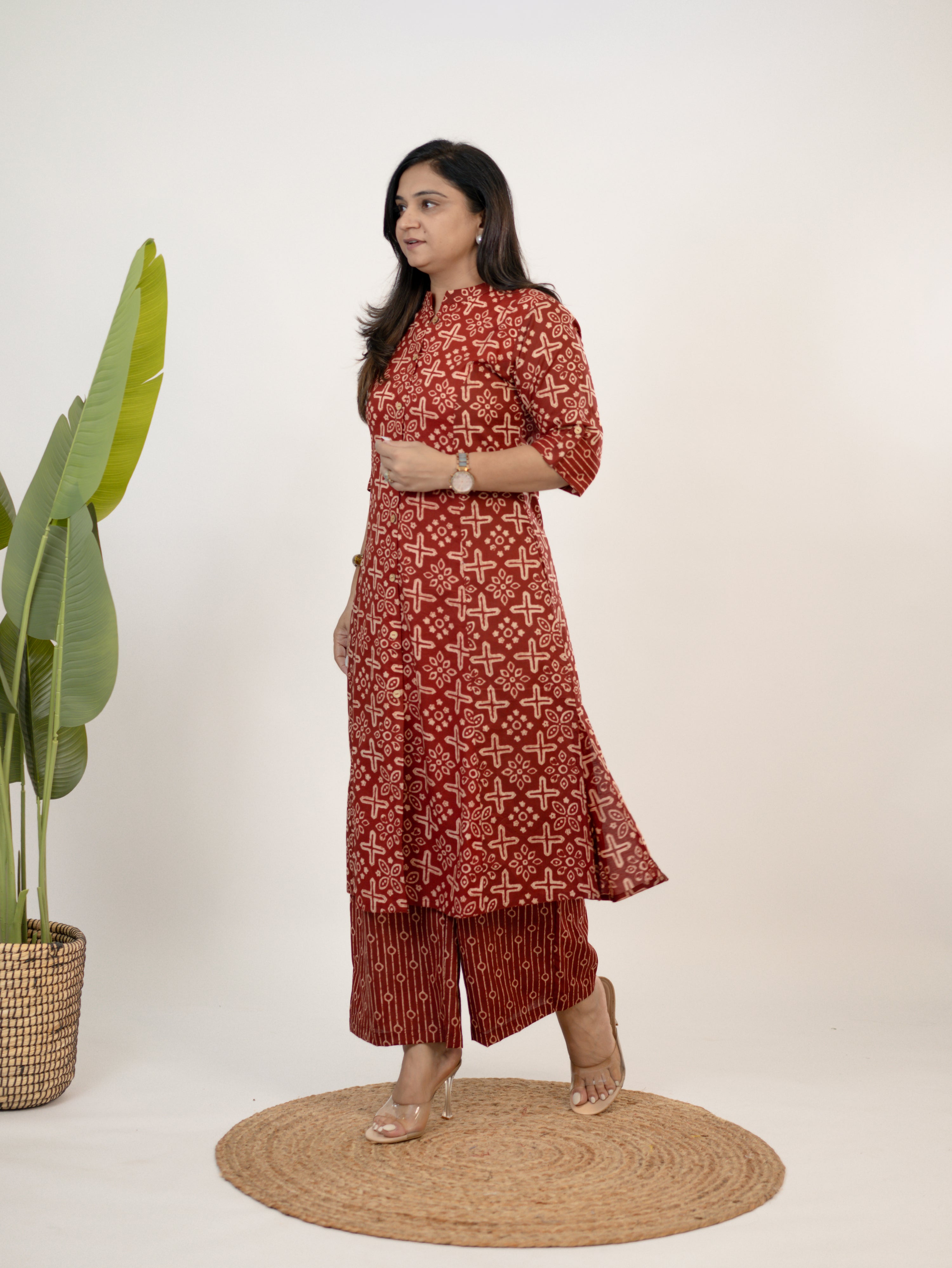 Mitika Red Cotton A-line Cotton Kurta Set