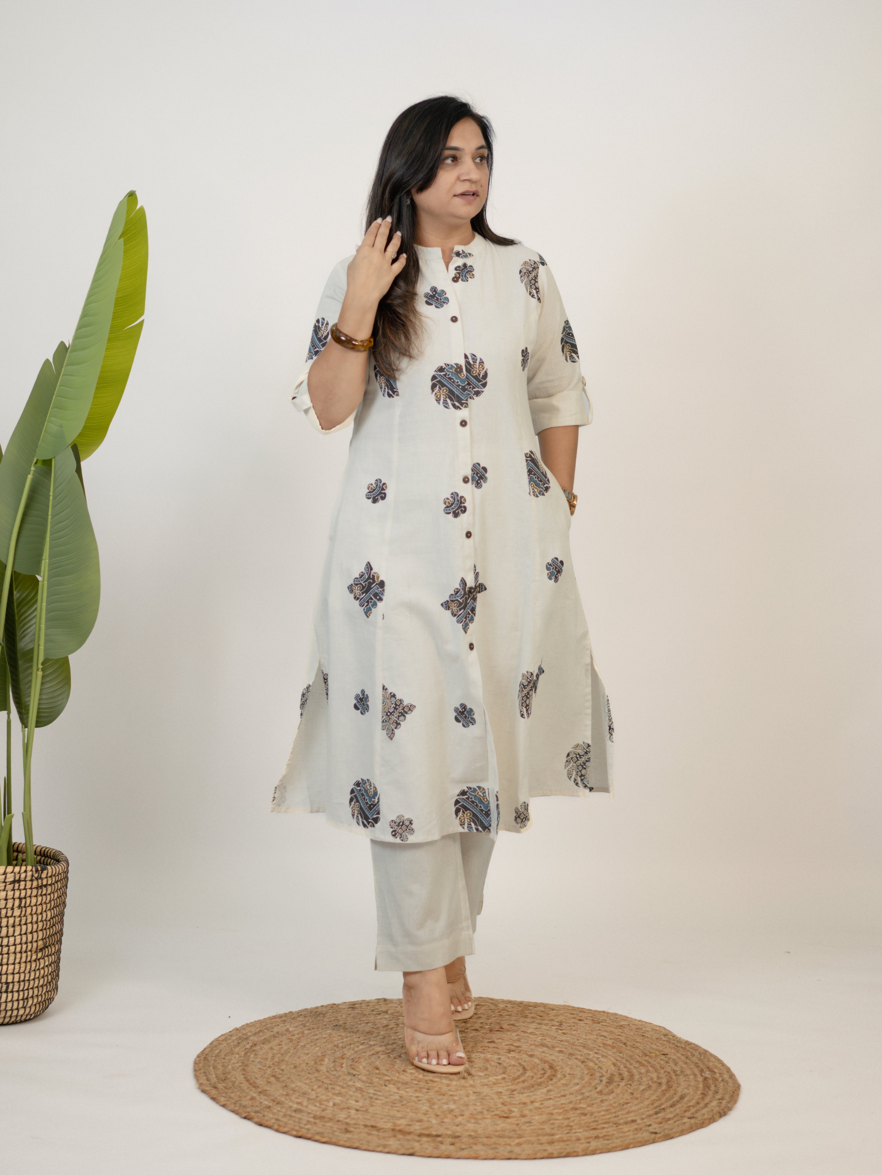 Sukoon OffWhite Cotton Ajrakh A-line Cotton Kurta Set