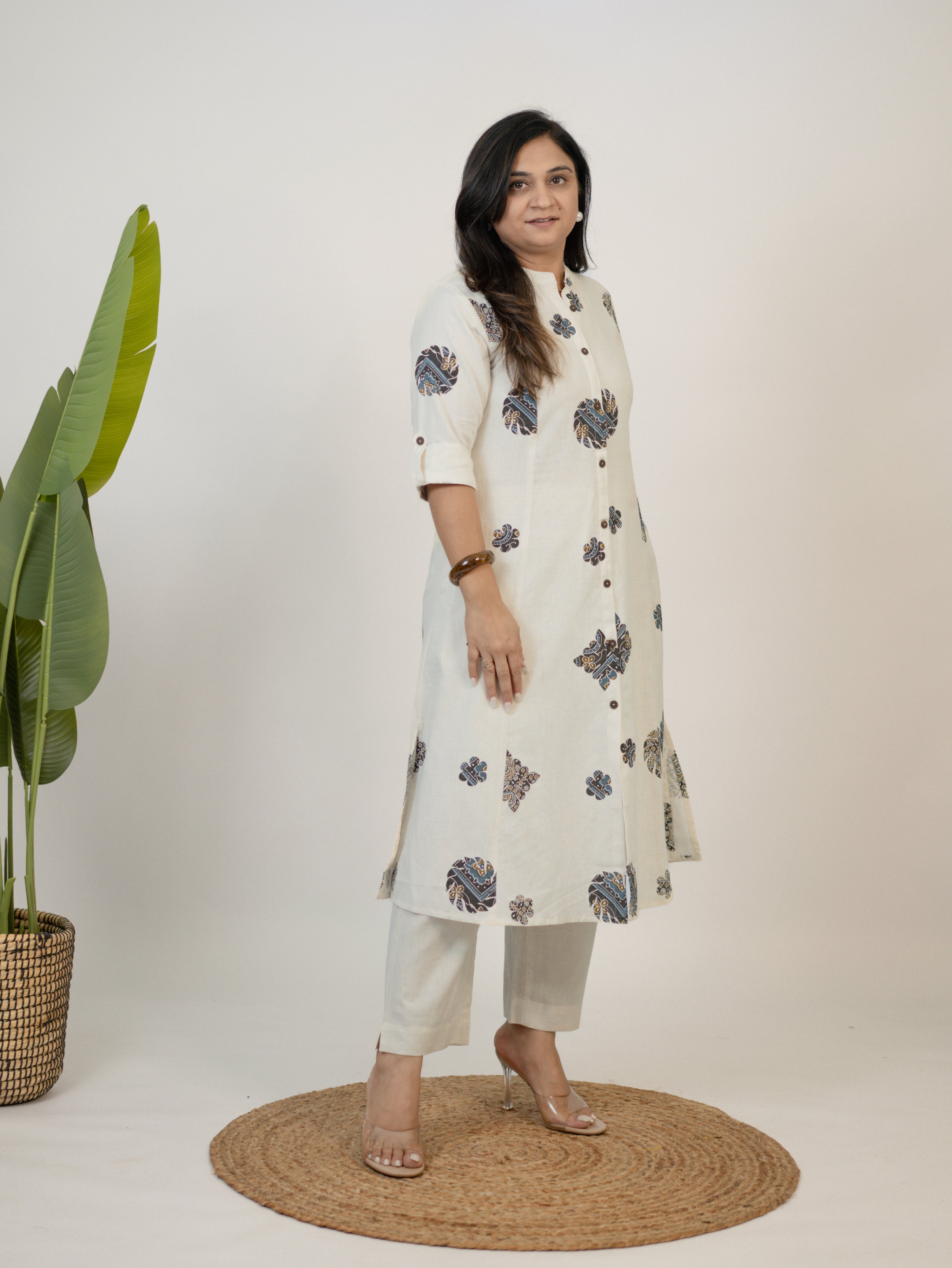Sukoon OffWhite Cotton Ajrakh A-line Cotton Kurta Set