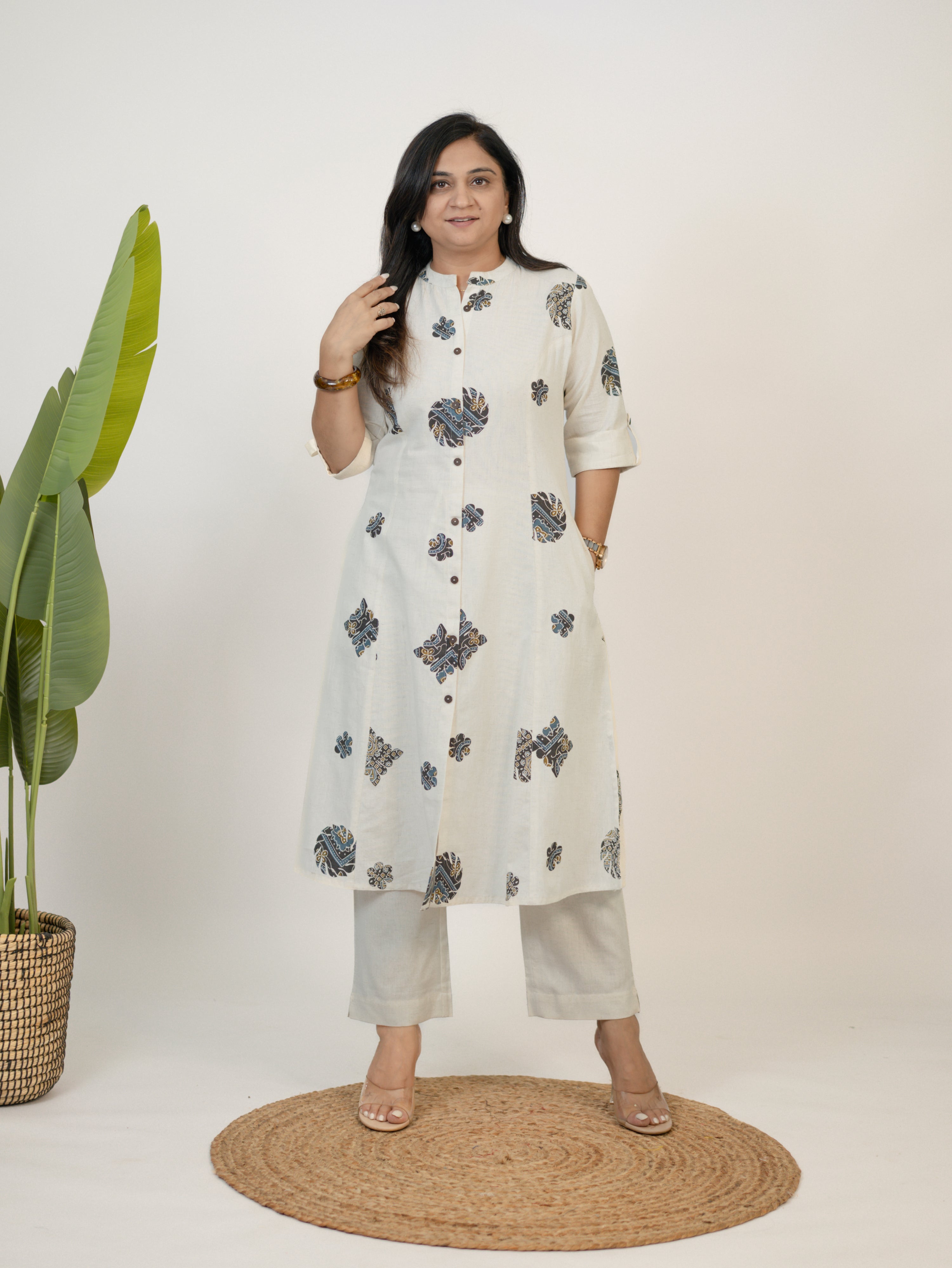 Sukoon OffWhite Cotton Ajrakh A-line Cotton Kurta Set