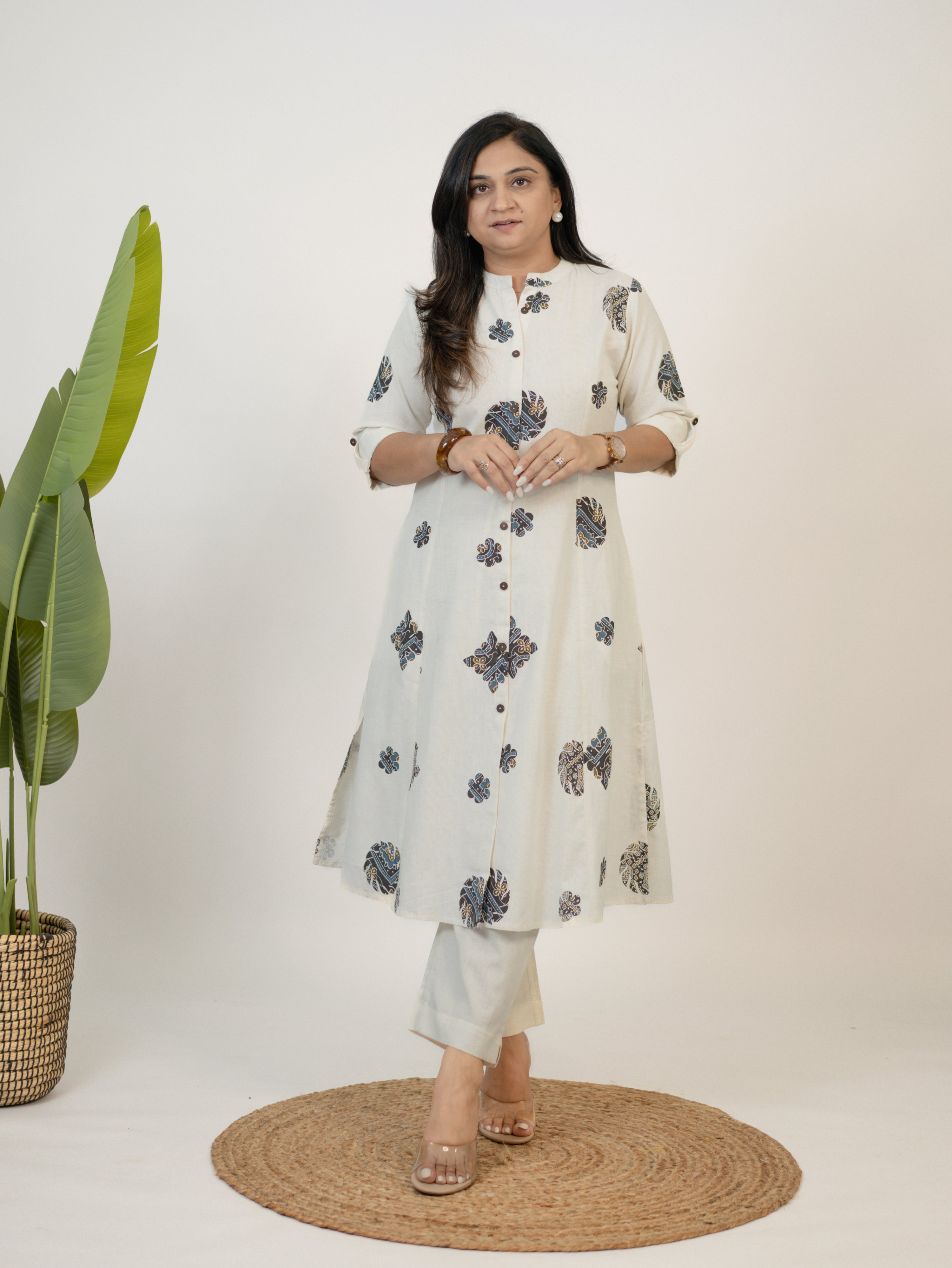 Sukoon OffWhite Cotton Ajrakh A-line Cotton Kurta Set
