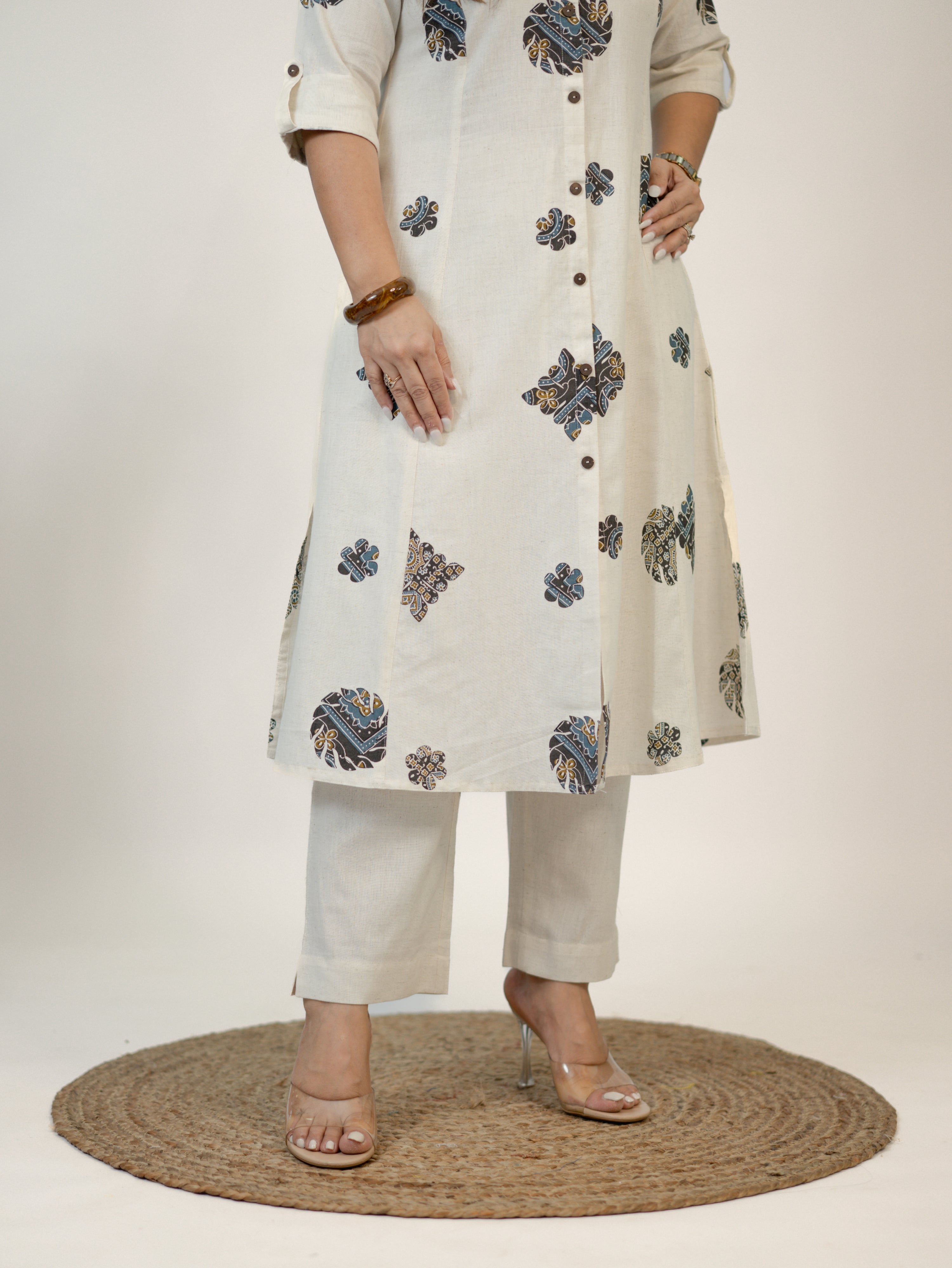 Sukoon OffWhite Cotton Ajrakh A-line Cotton Kurta Set