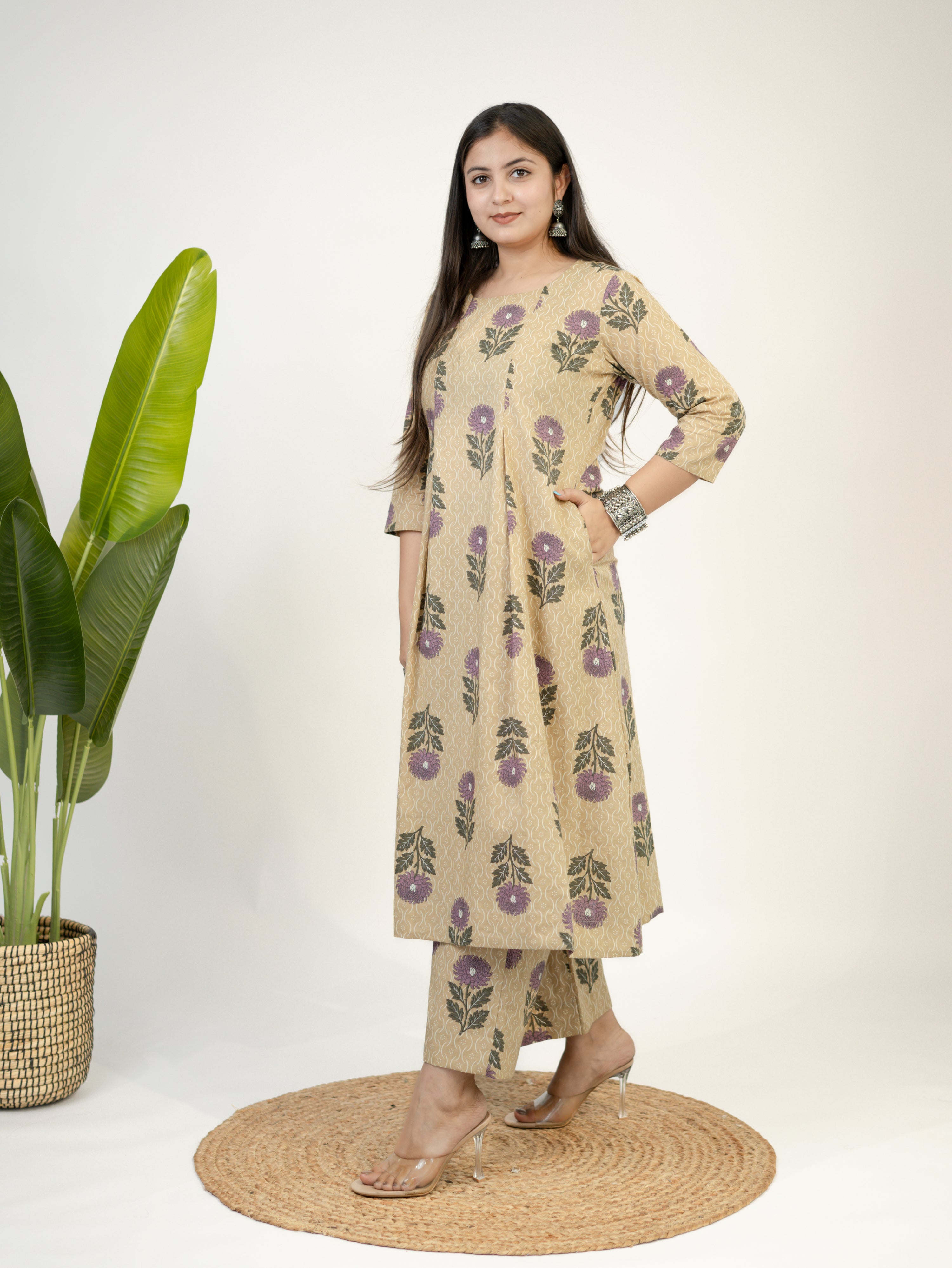 Ayaat Beige Cotton Floral Pleated A-line Kurta Set