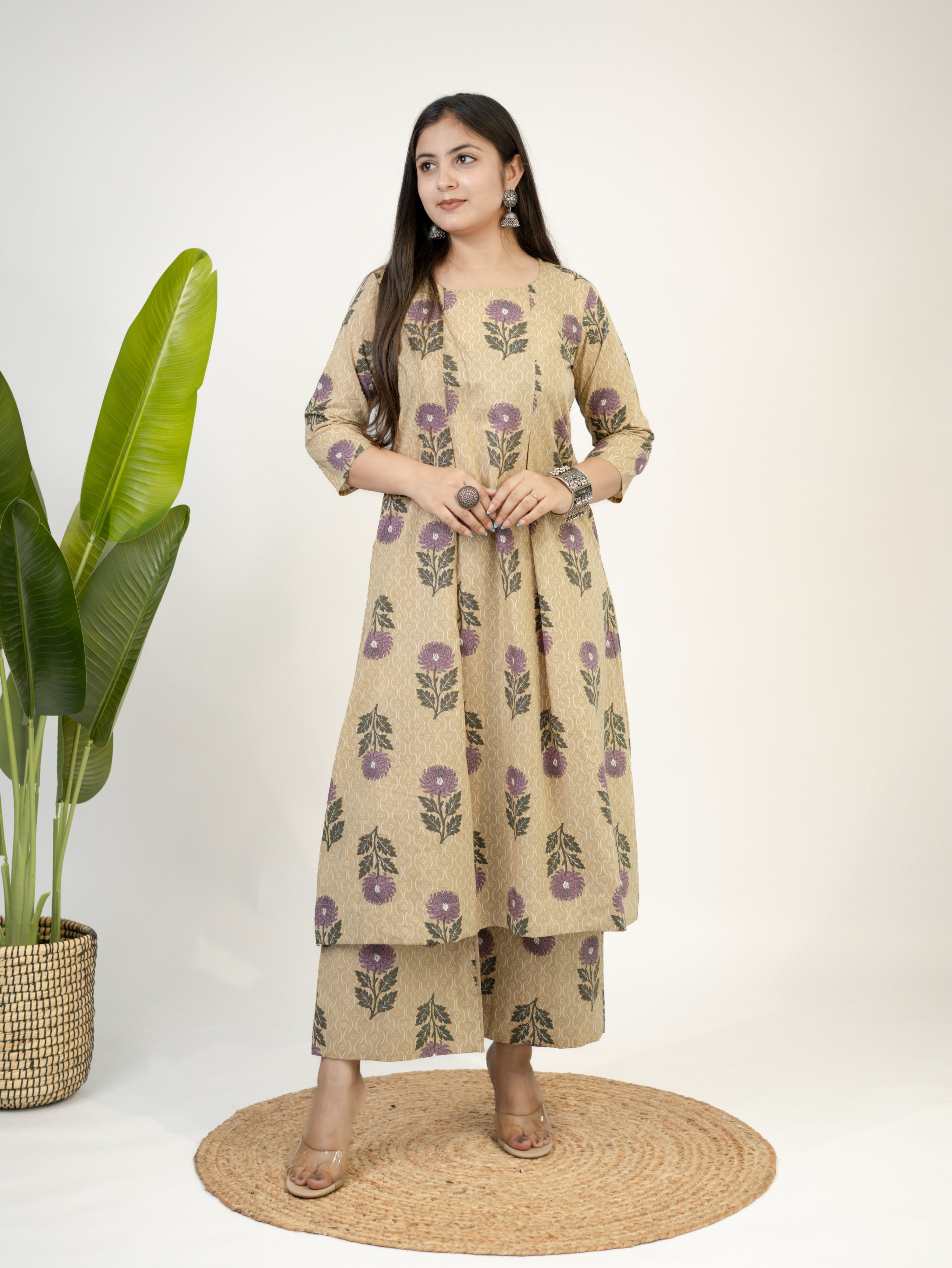 Ayaat Beige Cotton Floral Pleated A-line Kurta Set