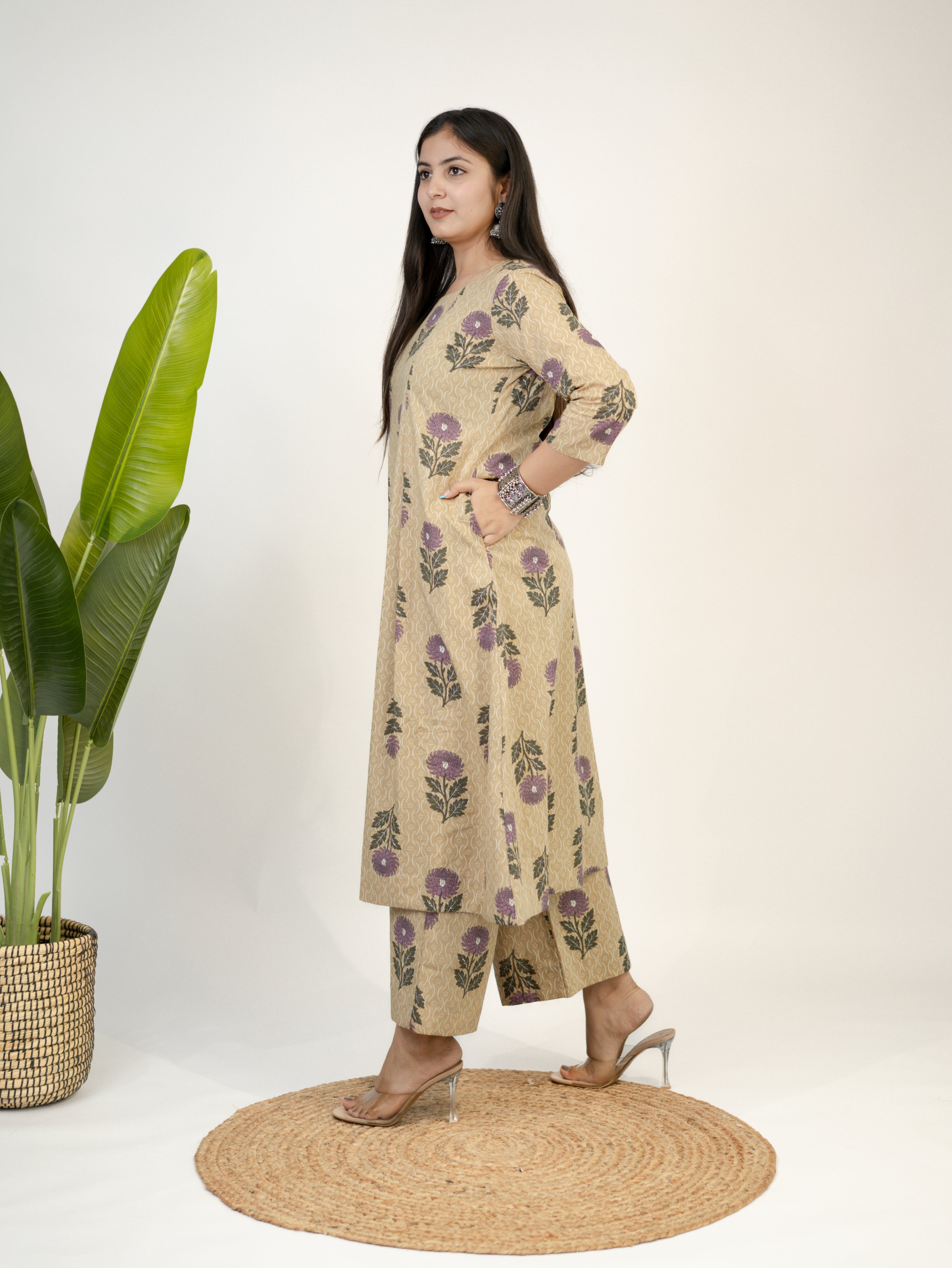 Ayaat Beige Cotton Floral Pleated A-line Kurta Set