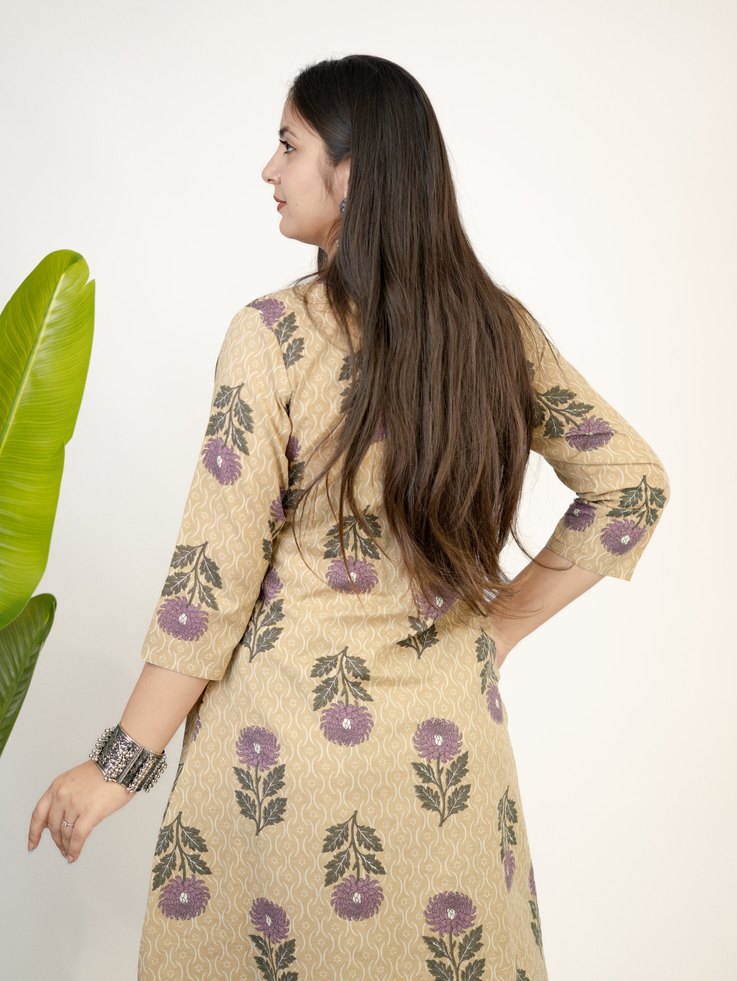 Ayaat Beige Cotton Floral Pleated A-line Kurta Set