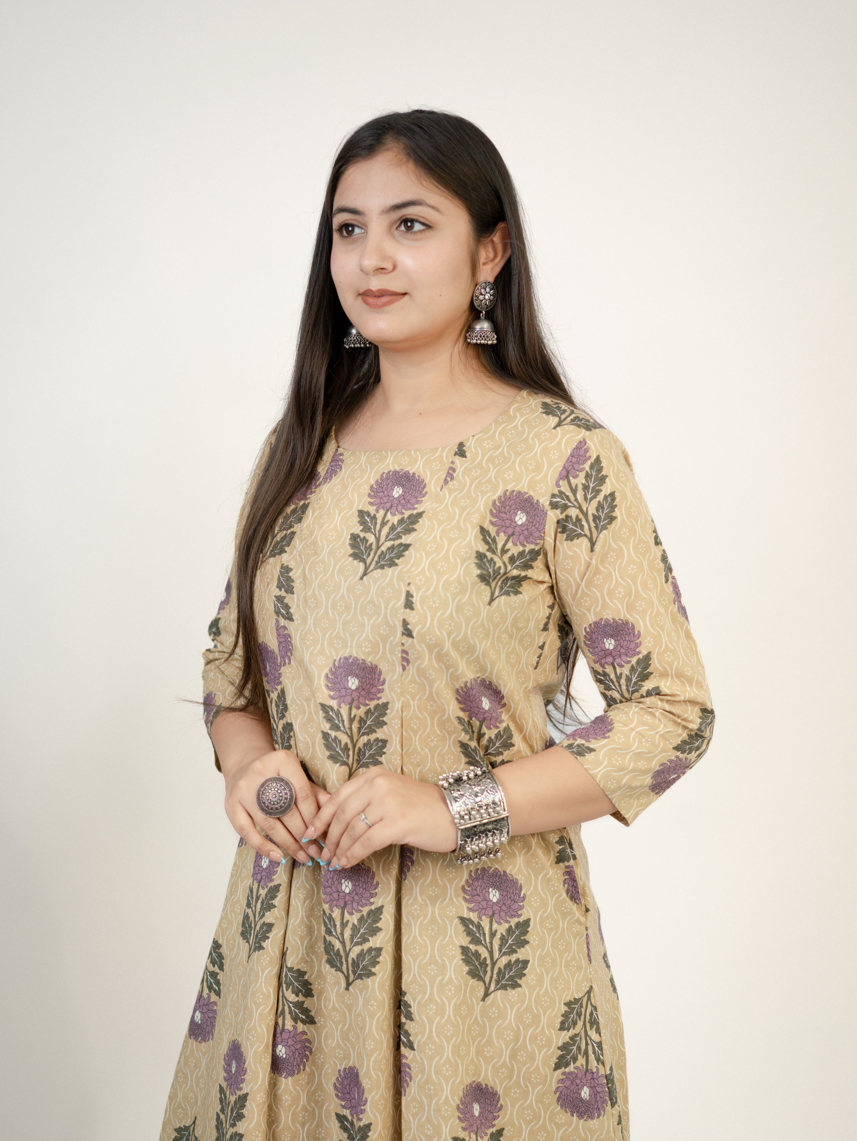 Ayaat Beige Cotton Floral Pleated A-line Kurta Set
