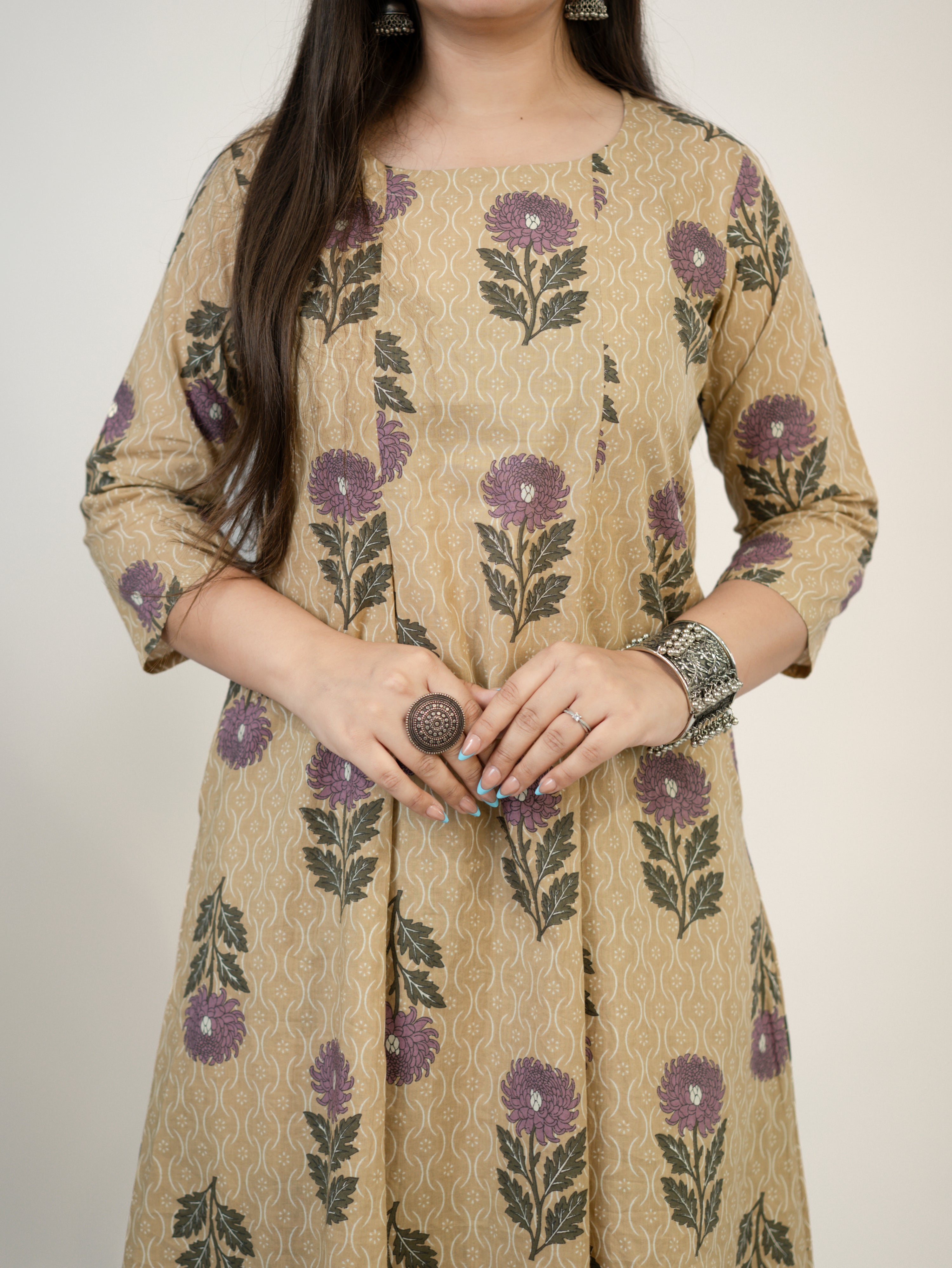 Ayaat Beige Cotton Floral Pleated A-line Kurta Set