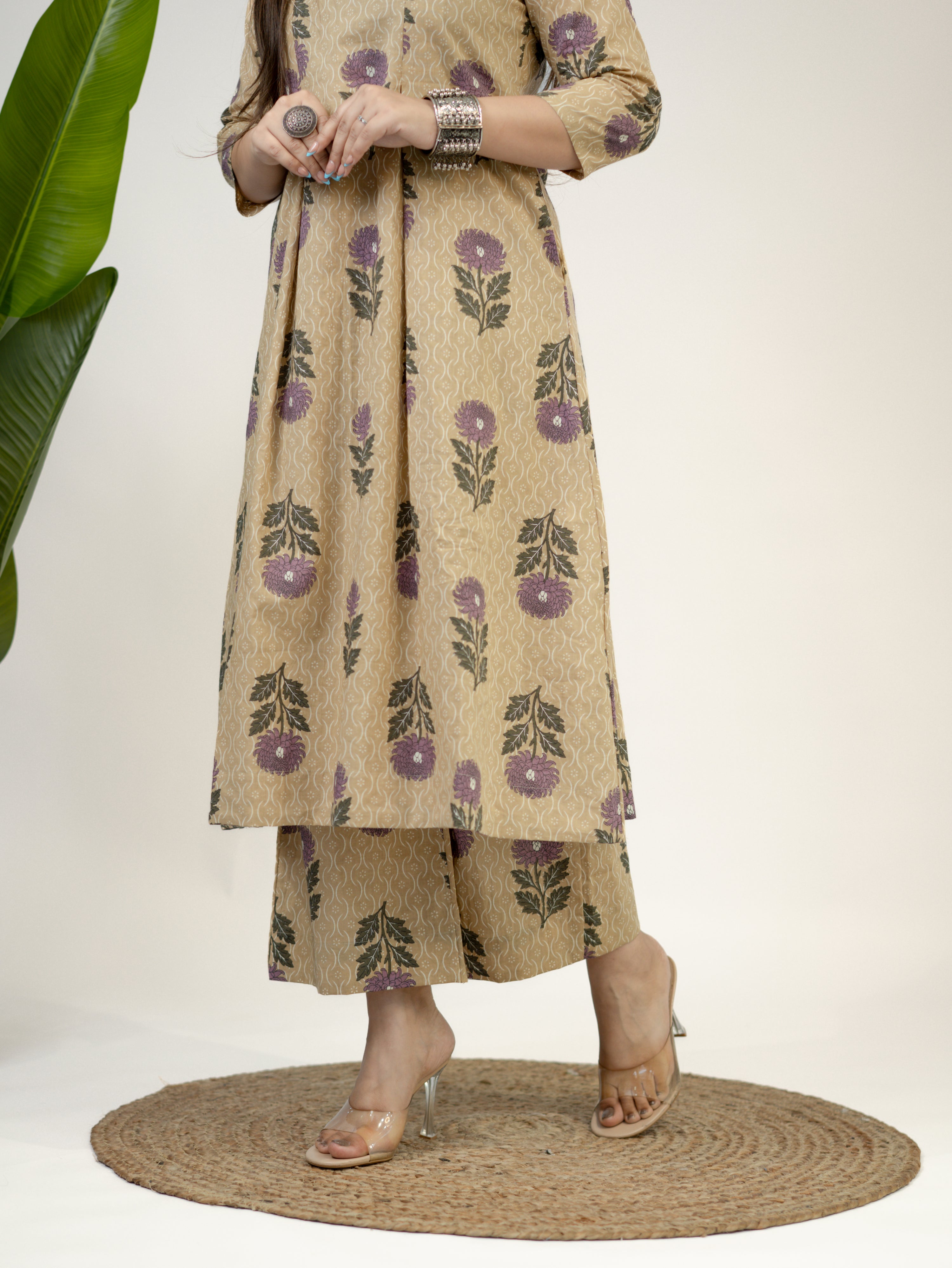 Ayaat Beige Cotton Floral Pleated A-line Kurta Set