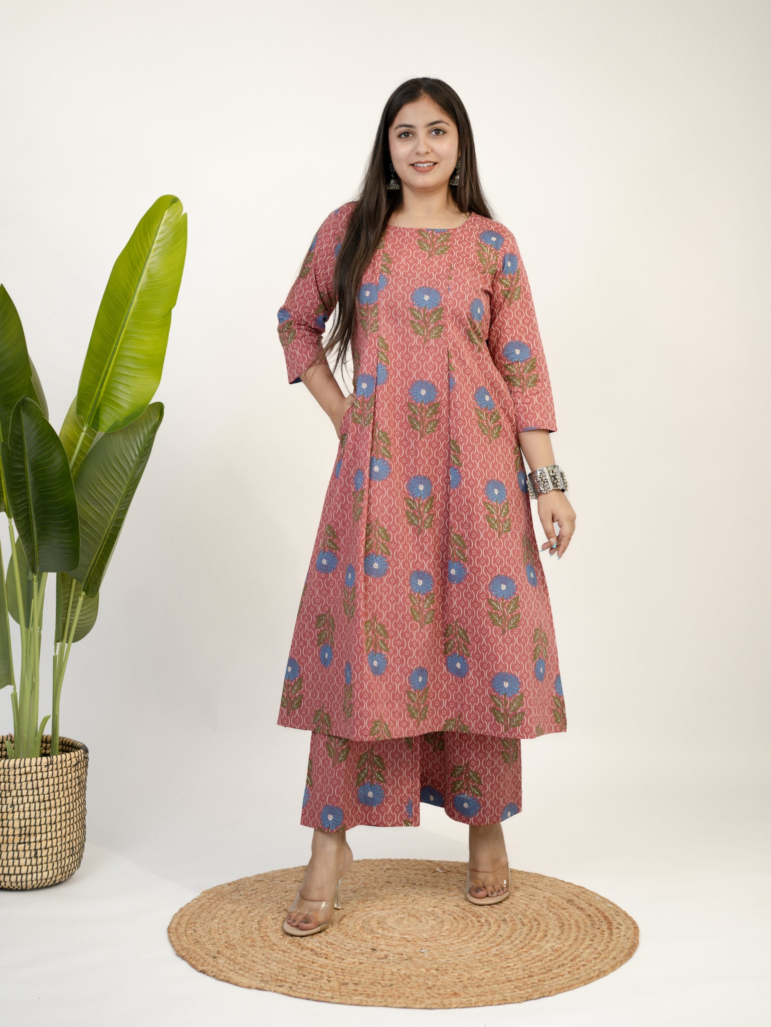 Ayaat Mauve Cotton Floral Pleated A-line Kurta Set