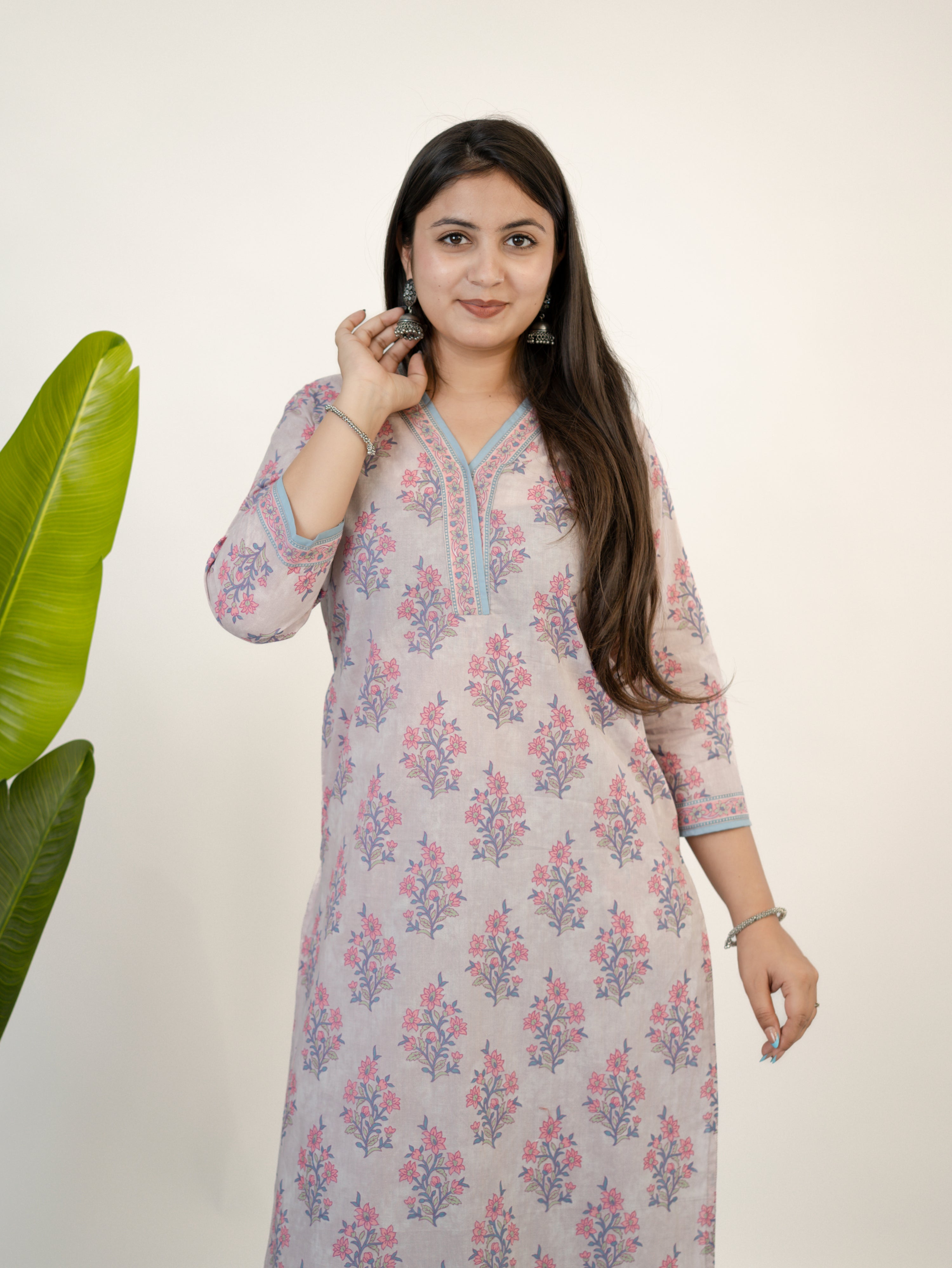 Hiba Lilac Gulbahar Floral Cotton Kurta Set