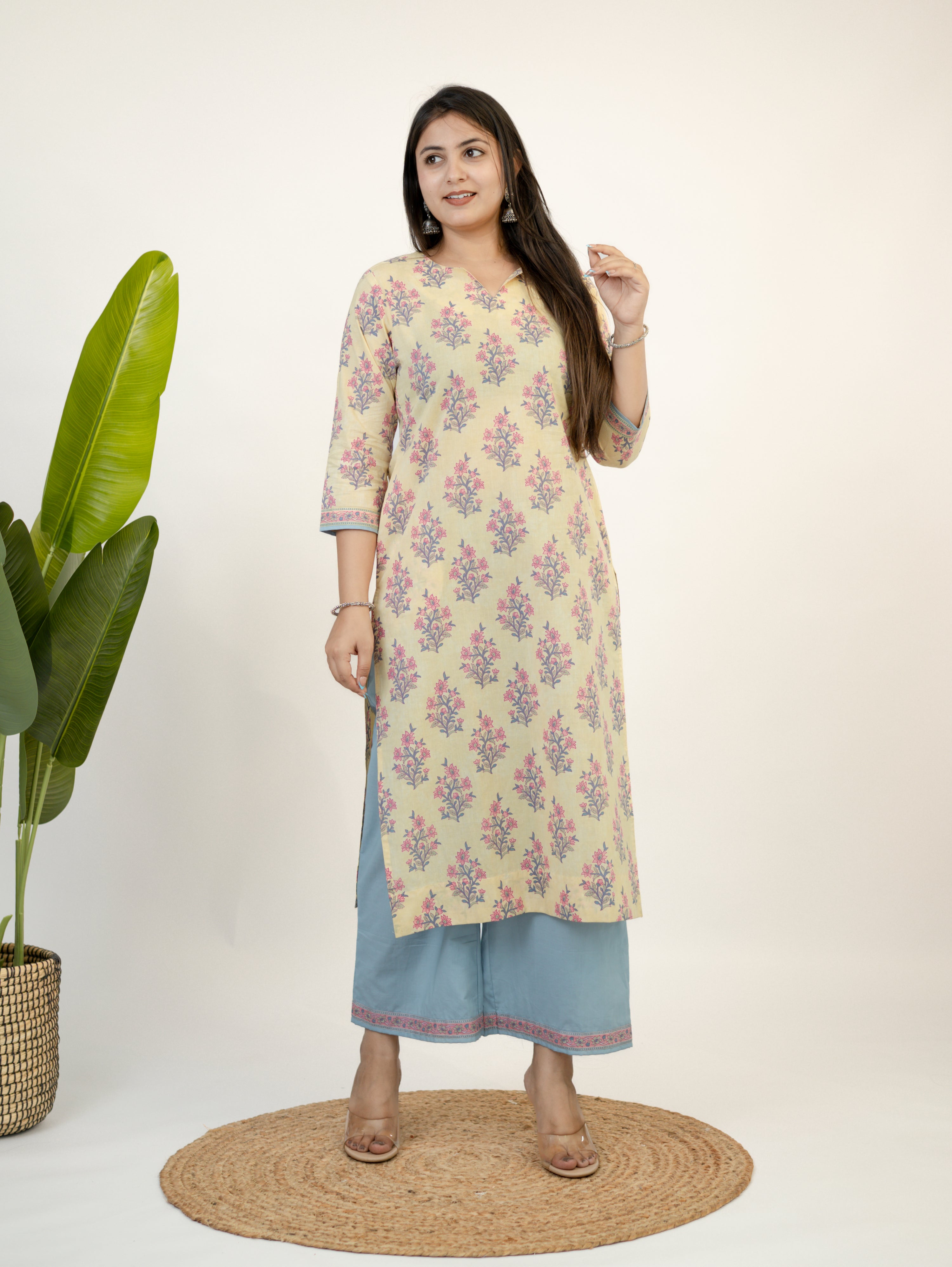 Hiba Yellow Gulbahar Floral Cotton Kurta Set