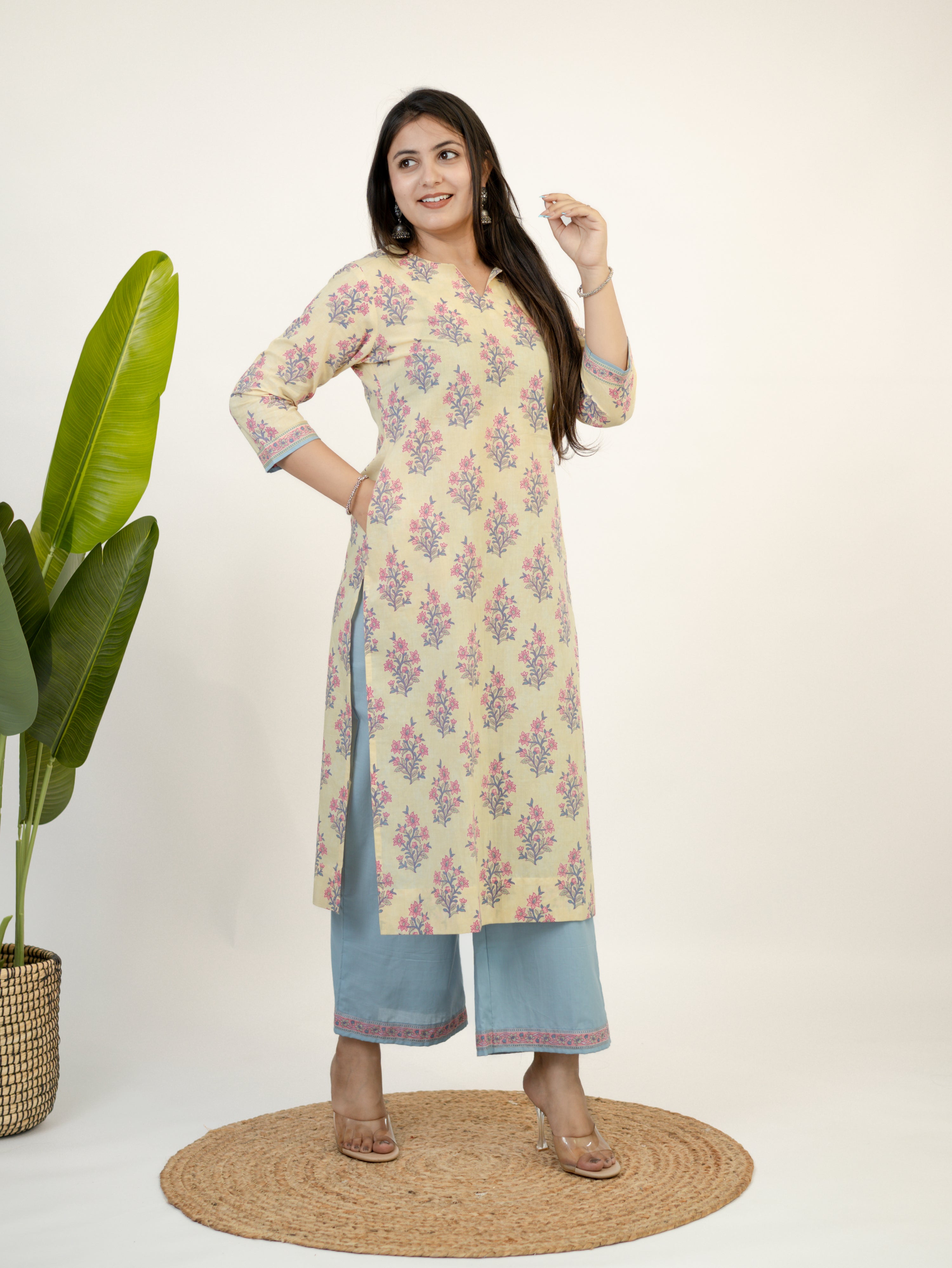 Hiba Yellow Gulbahar Floral Cotton Kurta Set