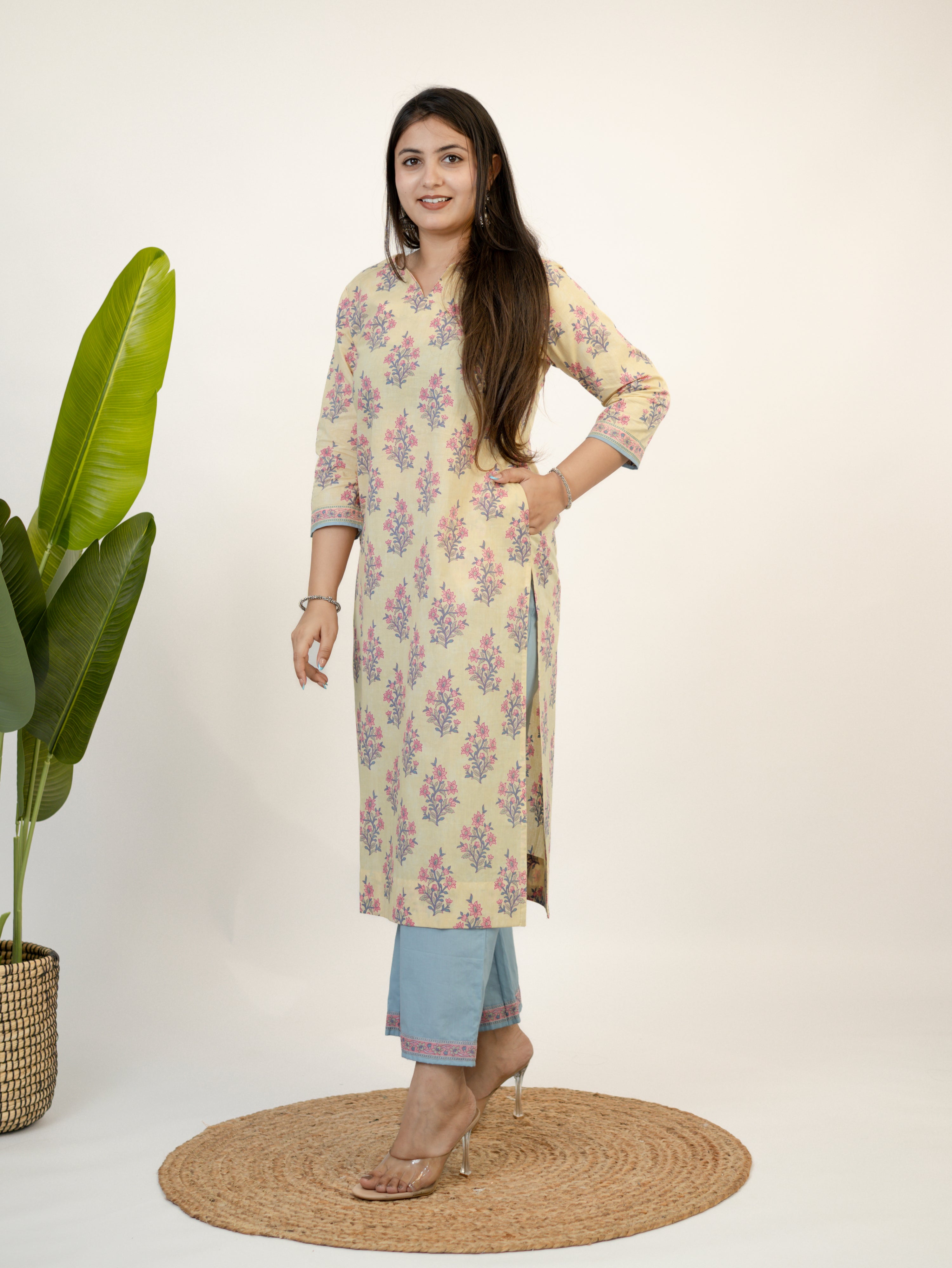 Hiba Yellow Gulbahar Floral Cotton Kurta Set