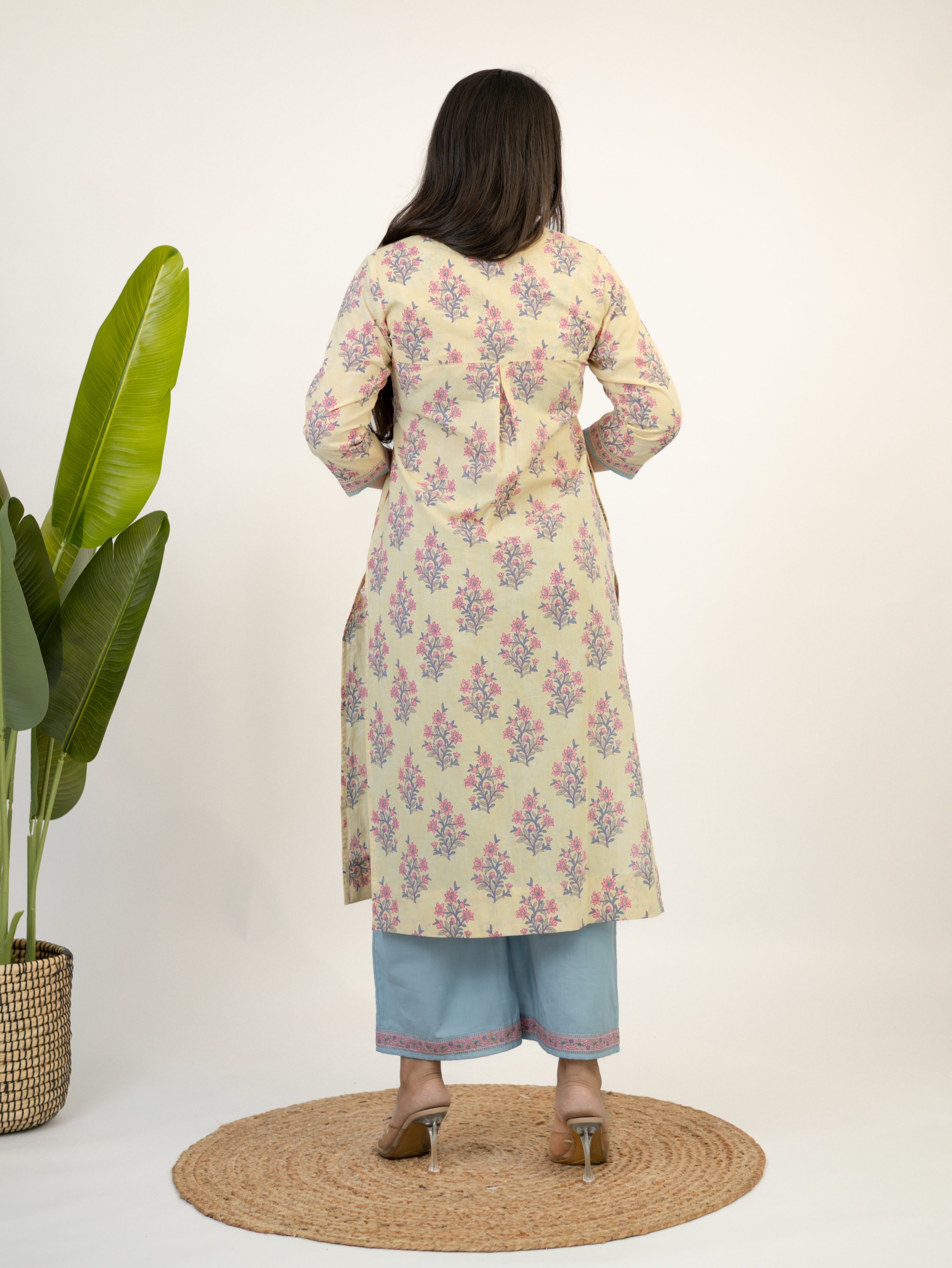 Hiba Yellow Gulbahar Floral Cotton Kurta Set