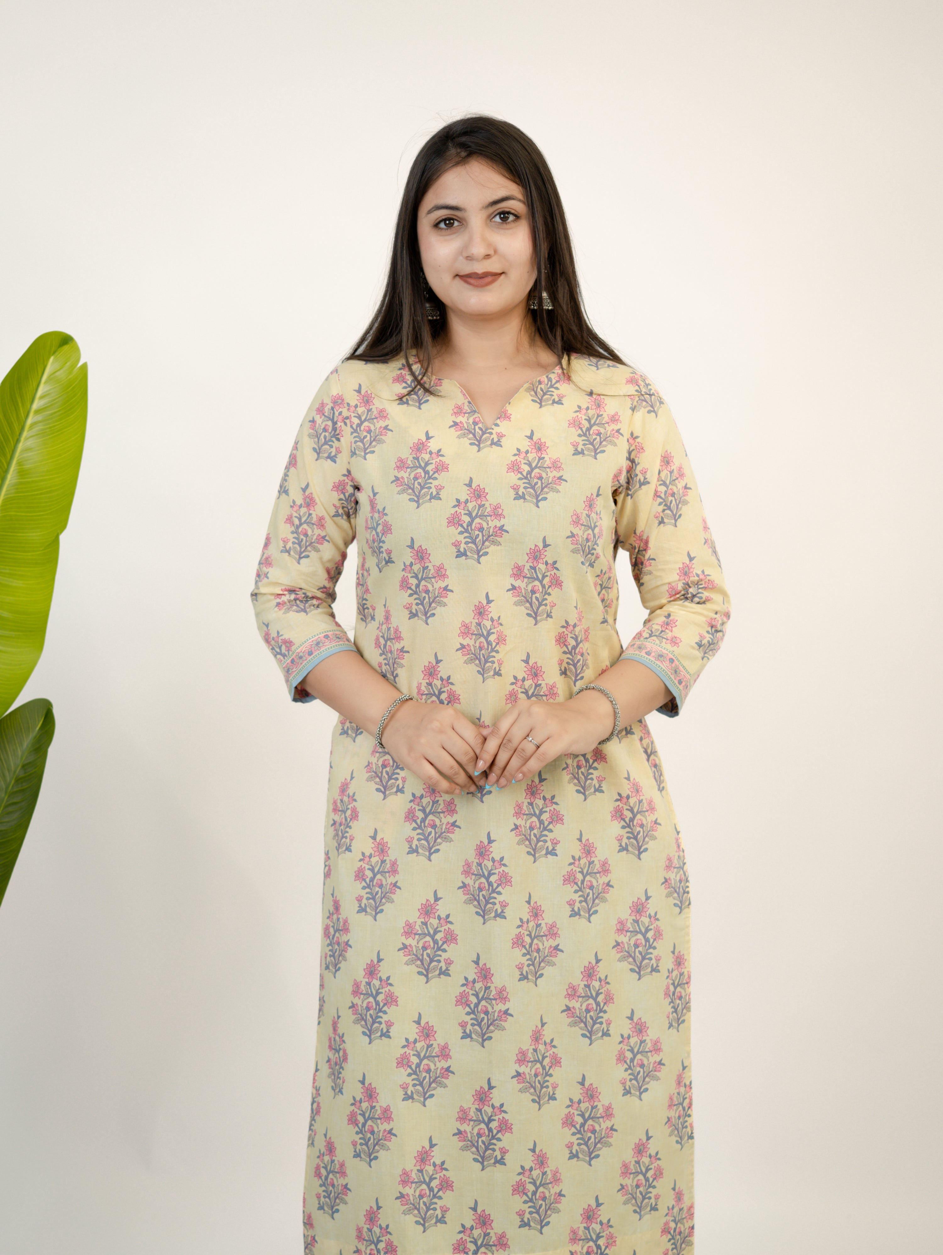 Hiba Yellow Gulbahar Floral Cotton Kurta Set