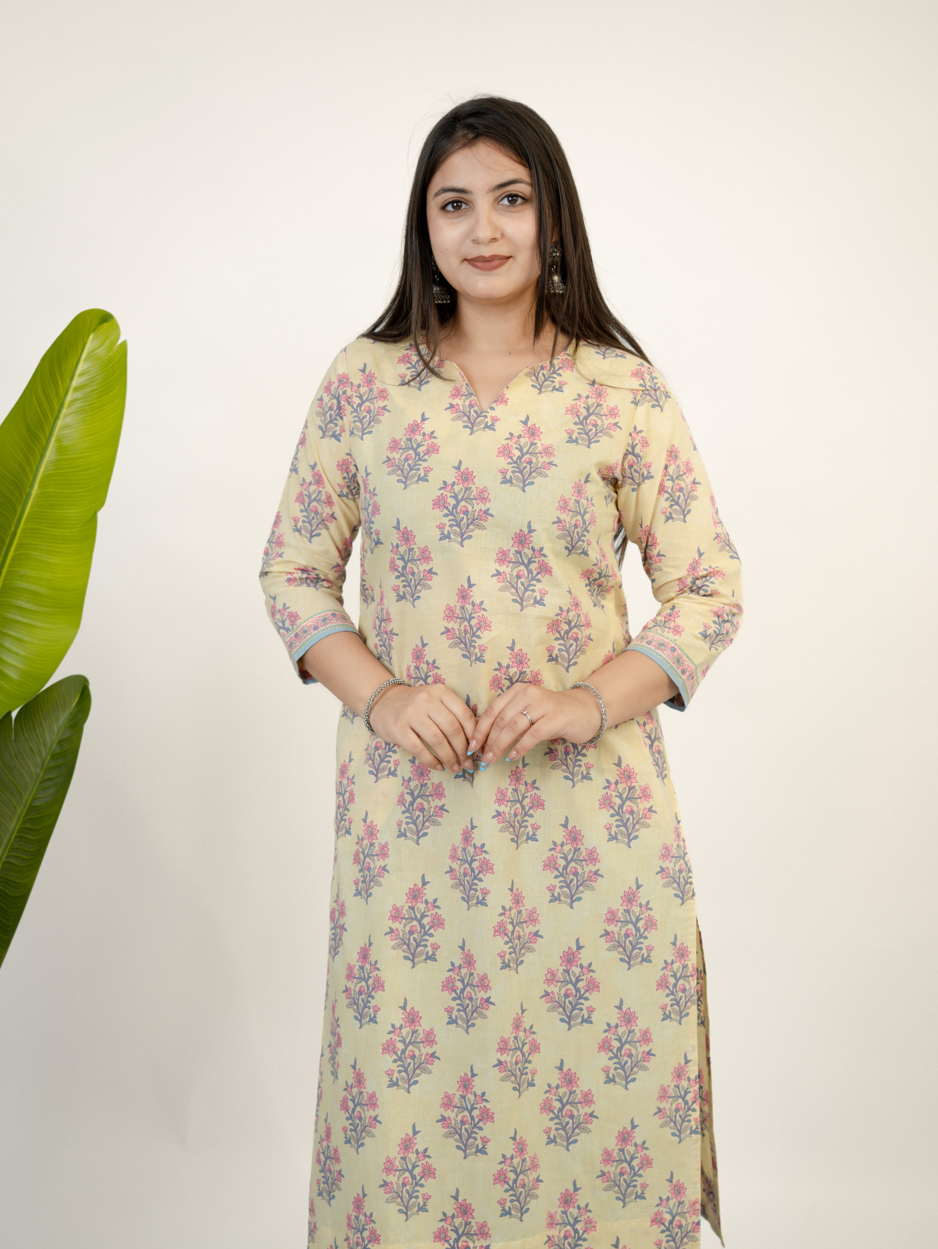 Hiba Yellow Gulbahar Floral Cotton Kurta Set