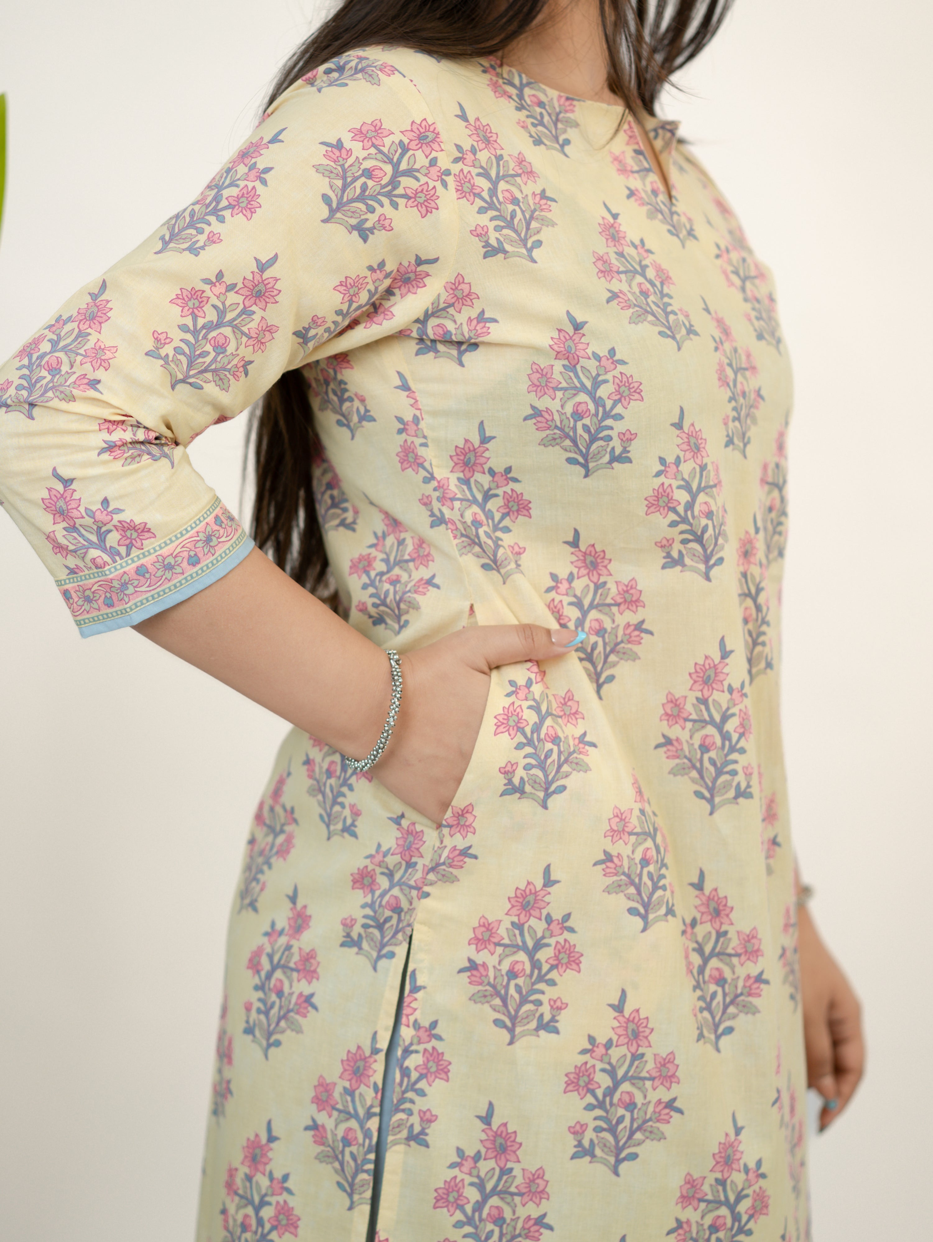 Hiba Yellow Gulbahar Floral Cotton Kurta Set