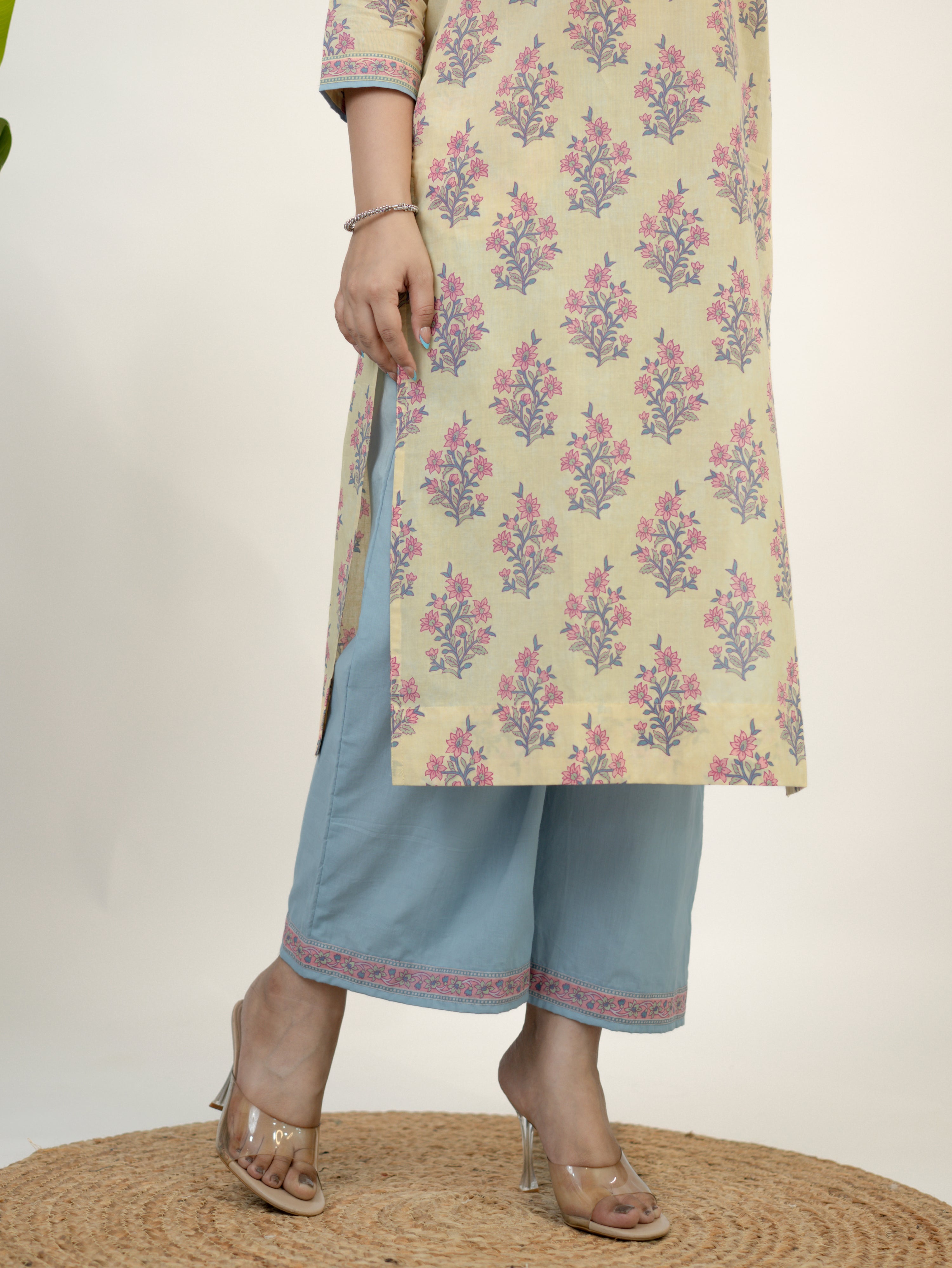 Hiba Yellow Gulbahar Floral Cotton Kurta Set