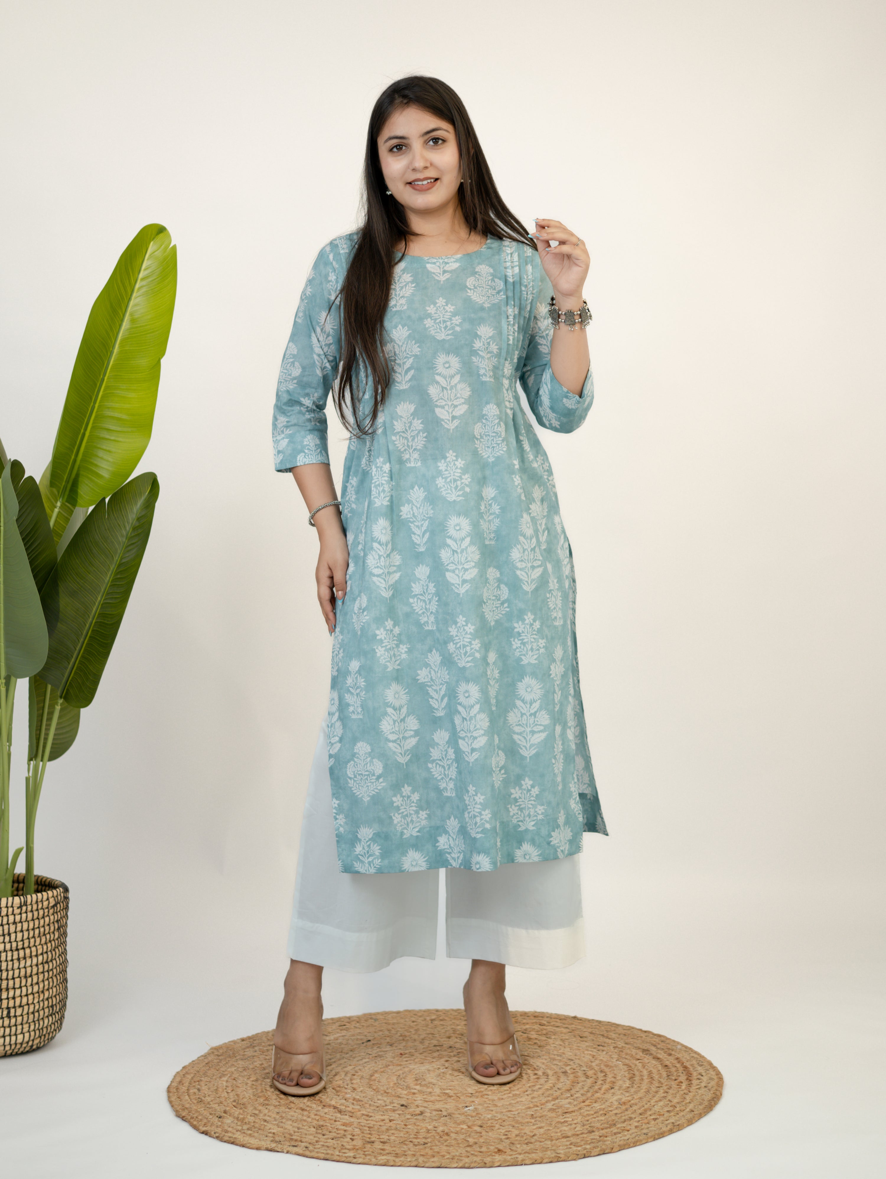 Kaaya Pastel Green Floral Cotton Straight Kurta Set
